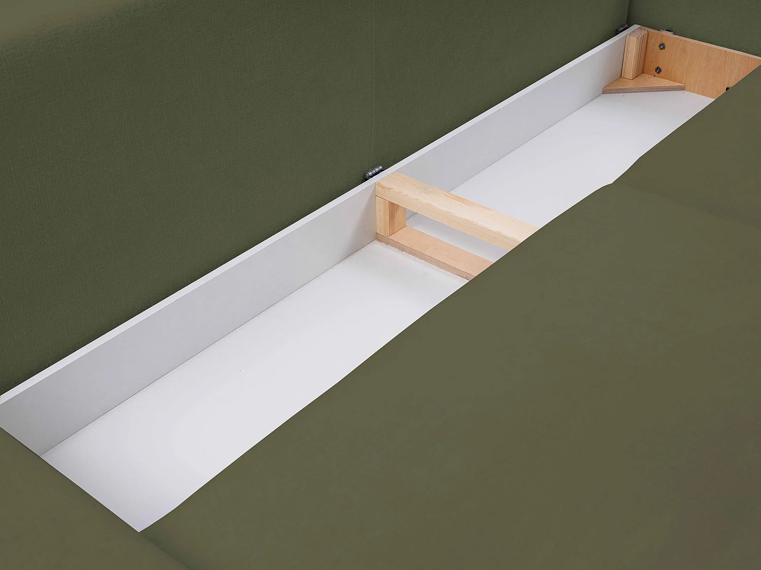 BOHO Sofa - Uitschuifbare bank met slaapoppervlak 140x200 cm, houten poten, opbergruimte, PUR-stof, 244x92x102 cm OLIJFGROEN