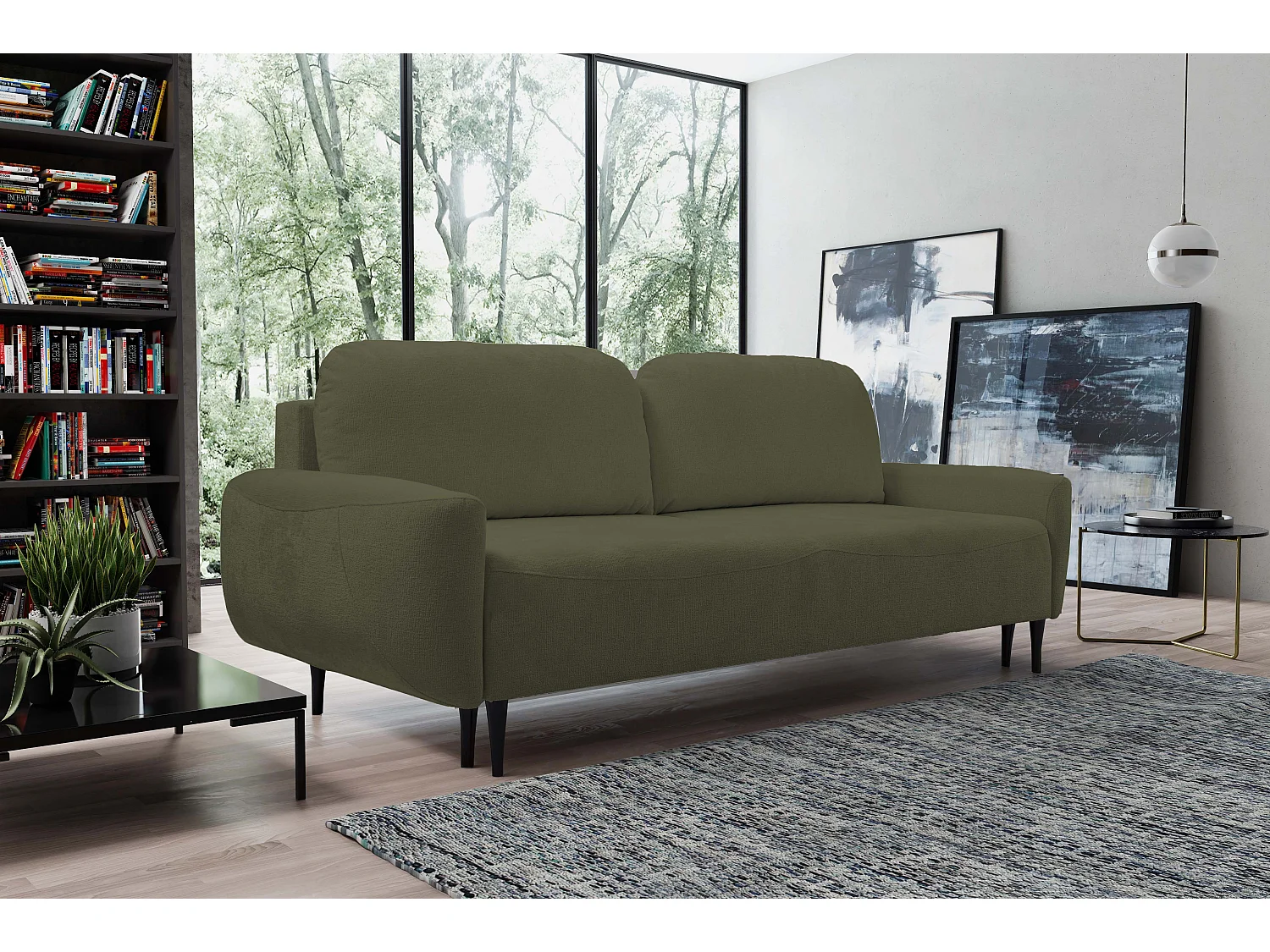 BOHO Sofa - Uitschuifbare bank met slaapoppervlak 140x200 cm, houten poten, opbergruimte, PUR-stof, 244x92x102 cm OLIJFGROEN