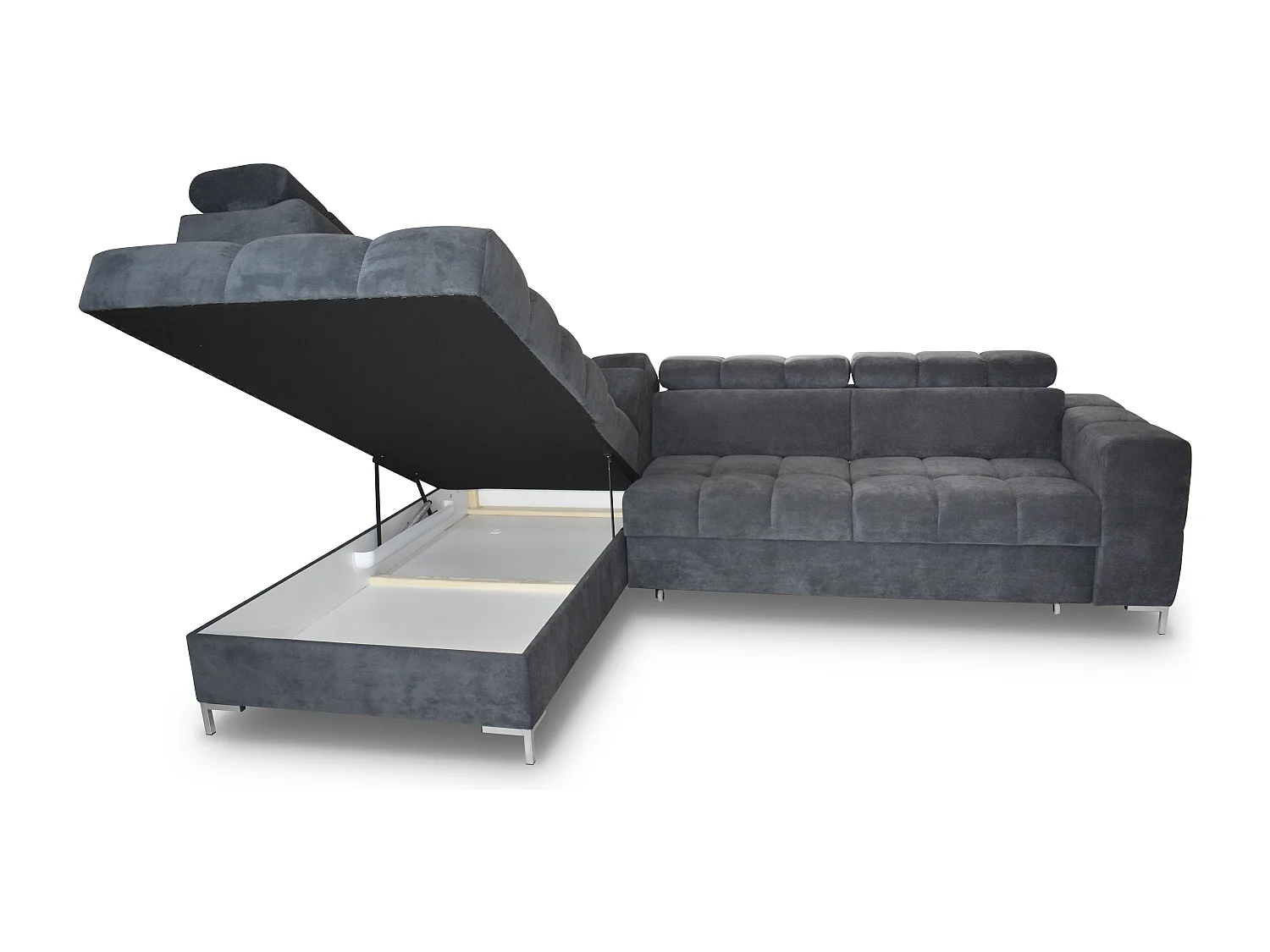 Ecksofa PABLO 279x201 cm, Schlaffunktion, Bettkasten, verstellbare Kopfstützen, weicher CLOUD-Stoff, Metallfüße, Anordnung links, grün
