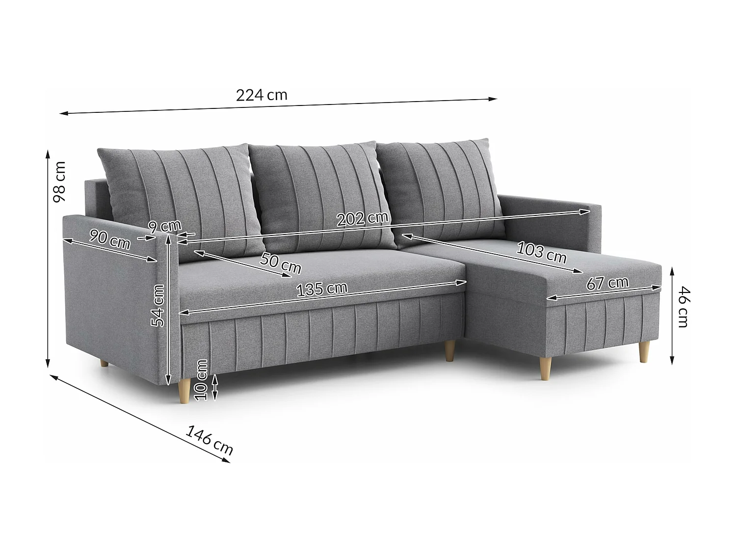 FOX hoekbank met elegant design, 224x103 cm, comfortabel, slaapfunctie, kleur lichtbruin, rechts
