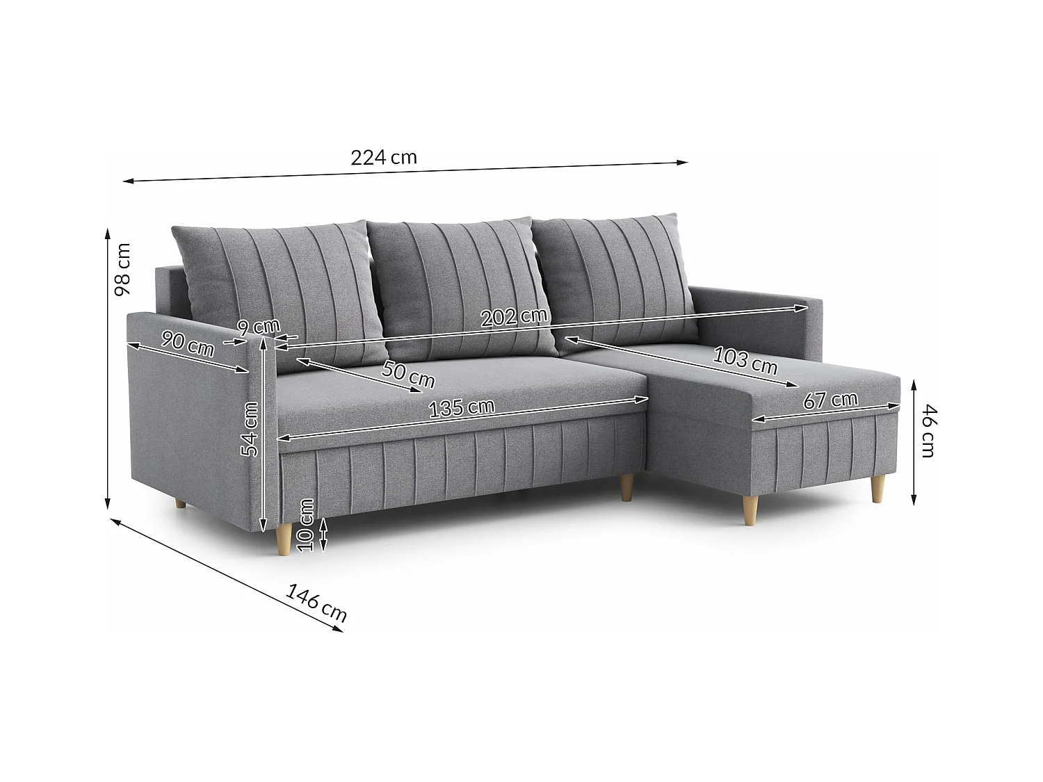 Canapé d'angle FOX au design élégant, 224x103 cm, confortable, fonction sommeil, couleur brun clair, droite