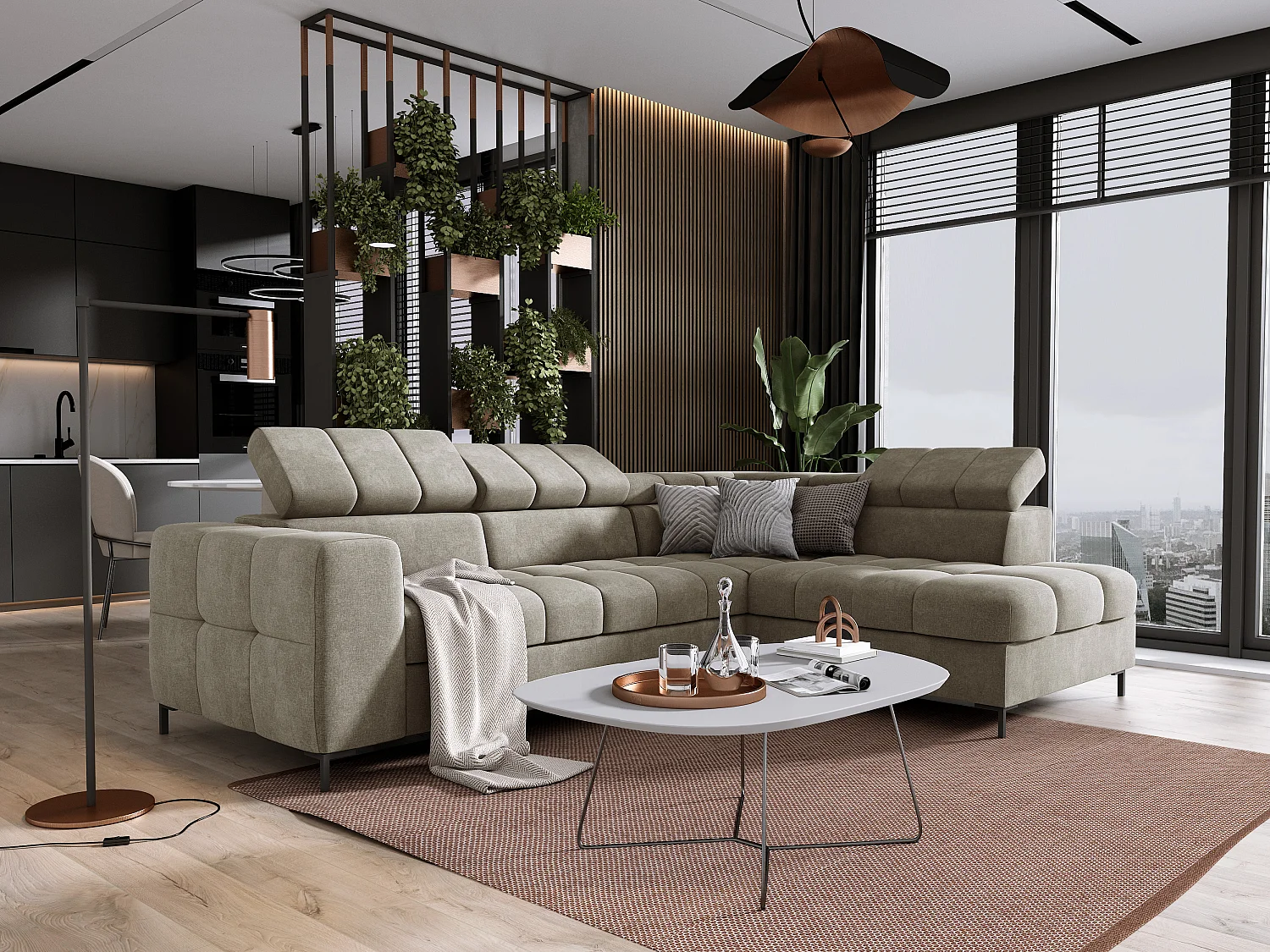 Ecksofa PABLO 279x201 cm mit Bett, Bettkasten, verstellbaren Kopfstützen, weichem, pflegeleichtem VOGUE-Stoff, Metallfüßen, rechts, GRÜN