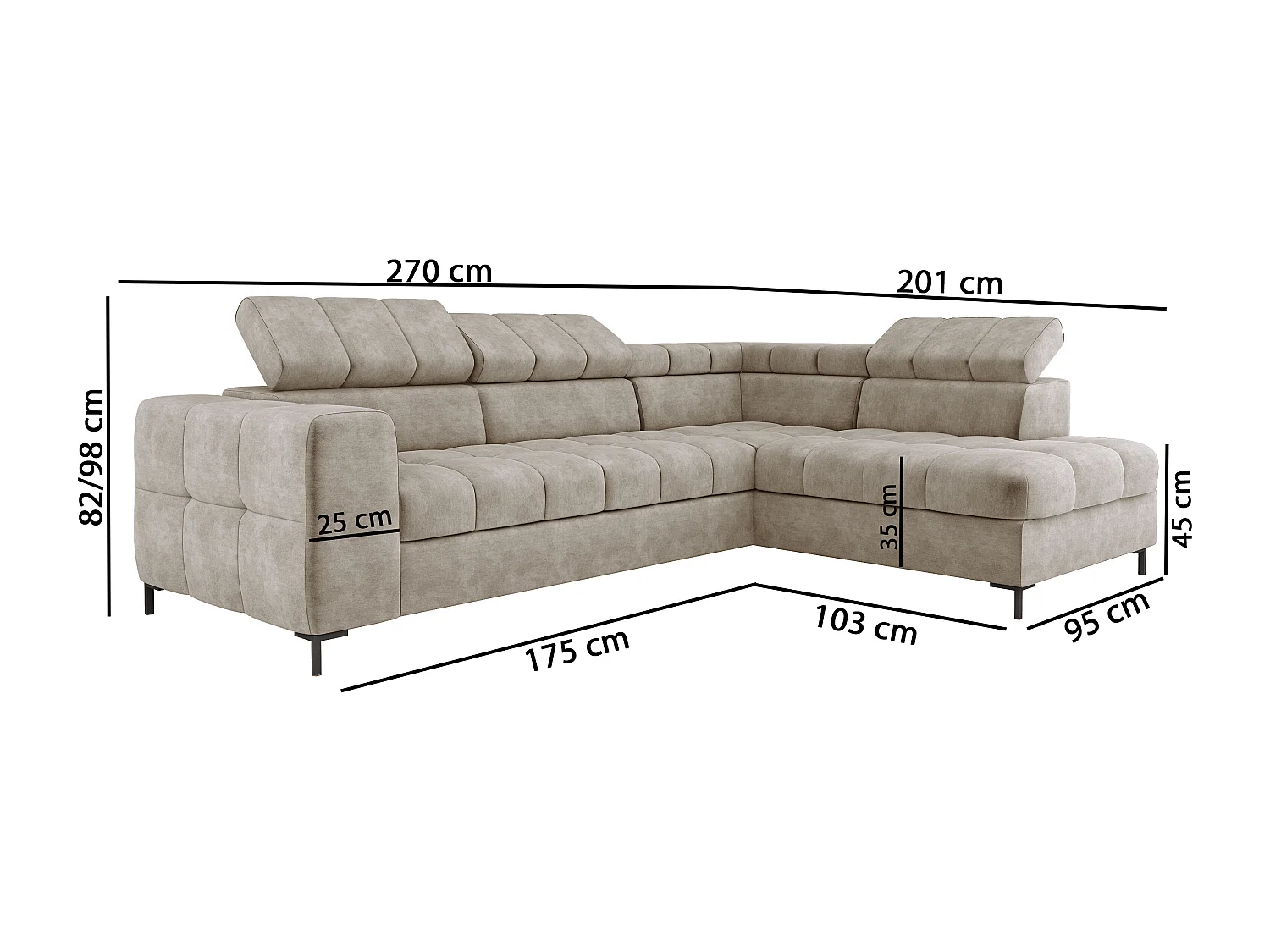 Ecksofa PABLO 279x201 cm mit Bett, Bettkasten, verstellbaren Kopfstützen, weichem, pflegeleichtem VOGUE-Stoff, Metallfüßen, rechts, GRÜN