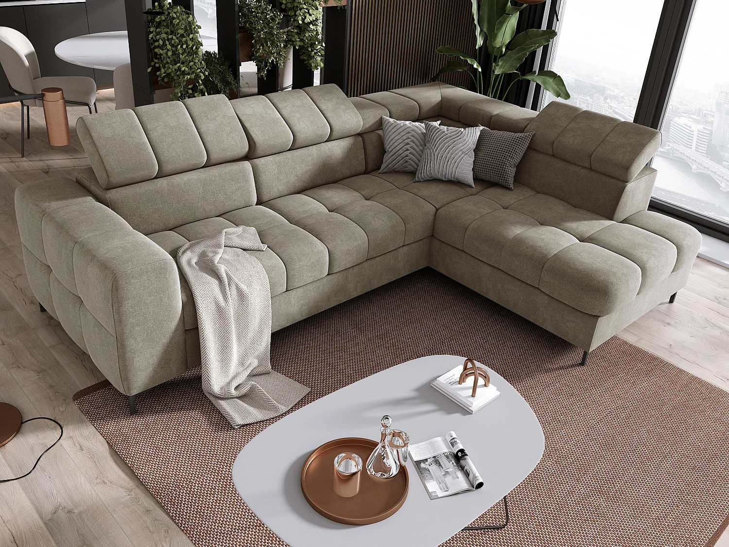 Ecksofa PABLO 279x201 cm mit Bett, Bettkasten, verstellbaren Kopfstützen, weichem, pflegeleichtem VOGUE-Stoff, Metallfüßen, rechts, GRÜN