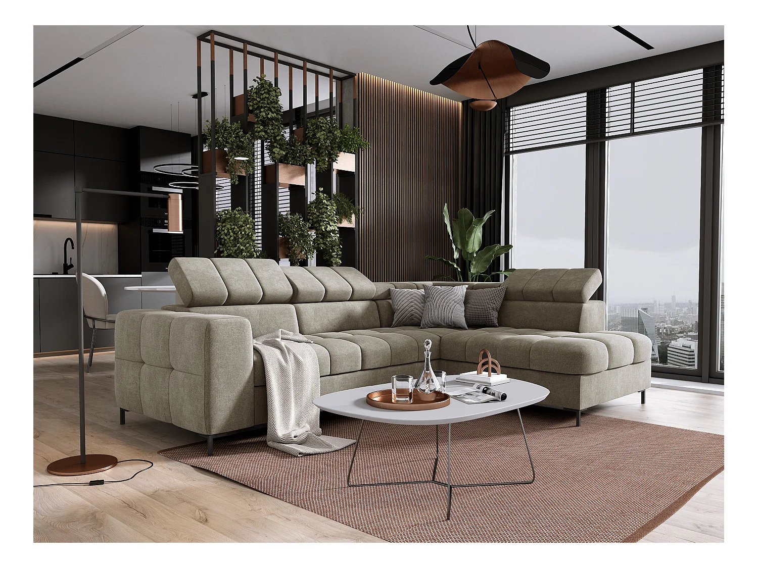 Canapé d'angle PABLO 279x201 cm avec lit, coffre, appuie-têtes réglables, tissu VOGUE doux, facile à nettoyer, pieds métal, droit, VERT