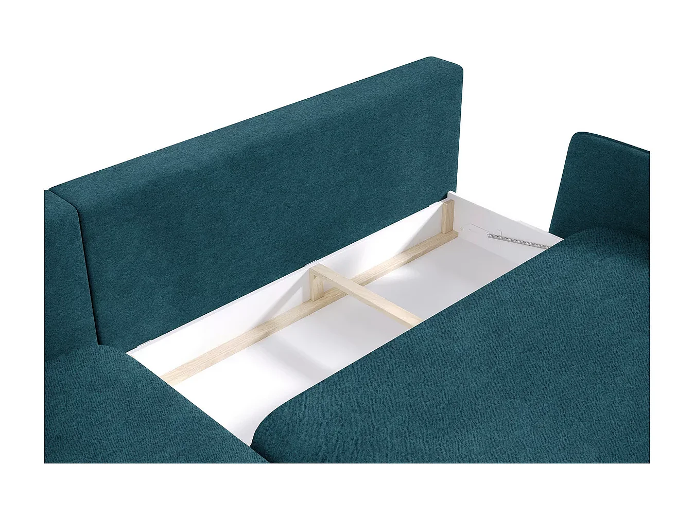 SOLANO hoekbank met bedfunctie - Elegante Scandinavische bank 260x167 cm, Houten kist en poten, Donkerblauw, Links