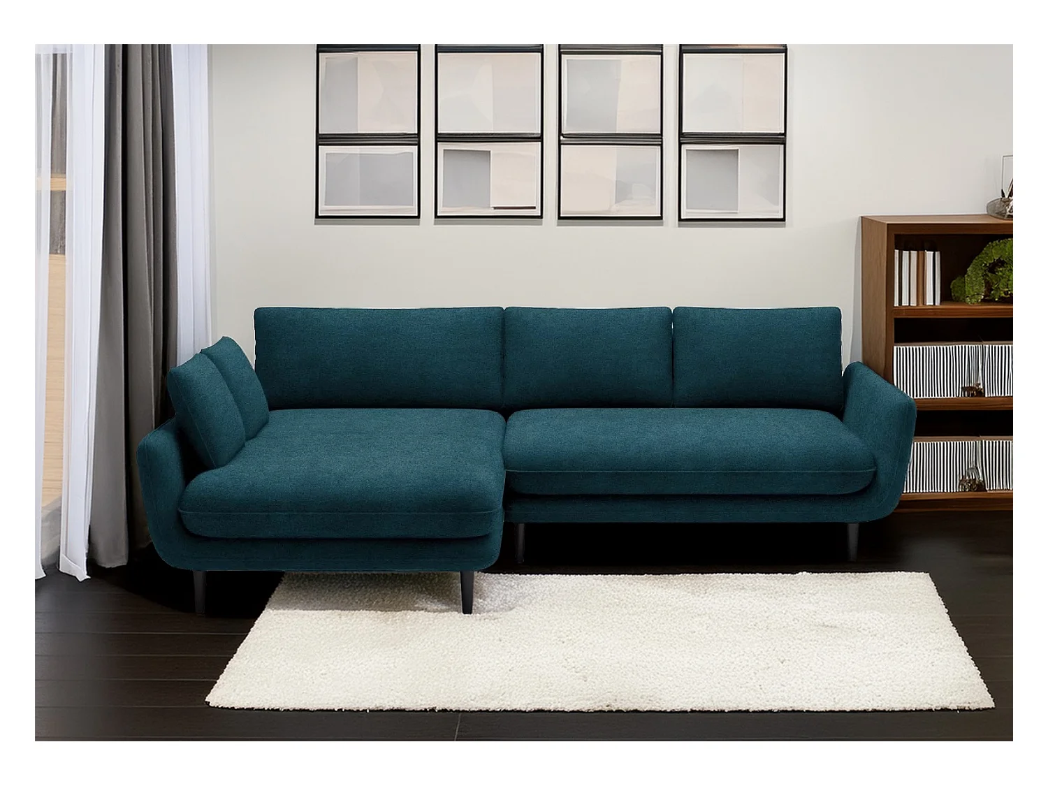 Canapé d'angle SOLANO avec fonction lit – Canapé scandinave élégant 260x167 cm, Coffre de lit et pieds en bois, Couleur bleu foncé, Gauche