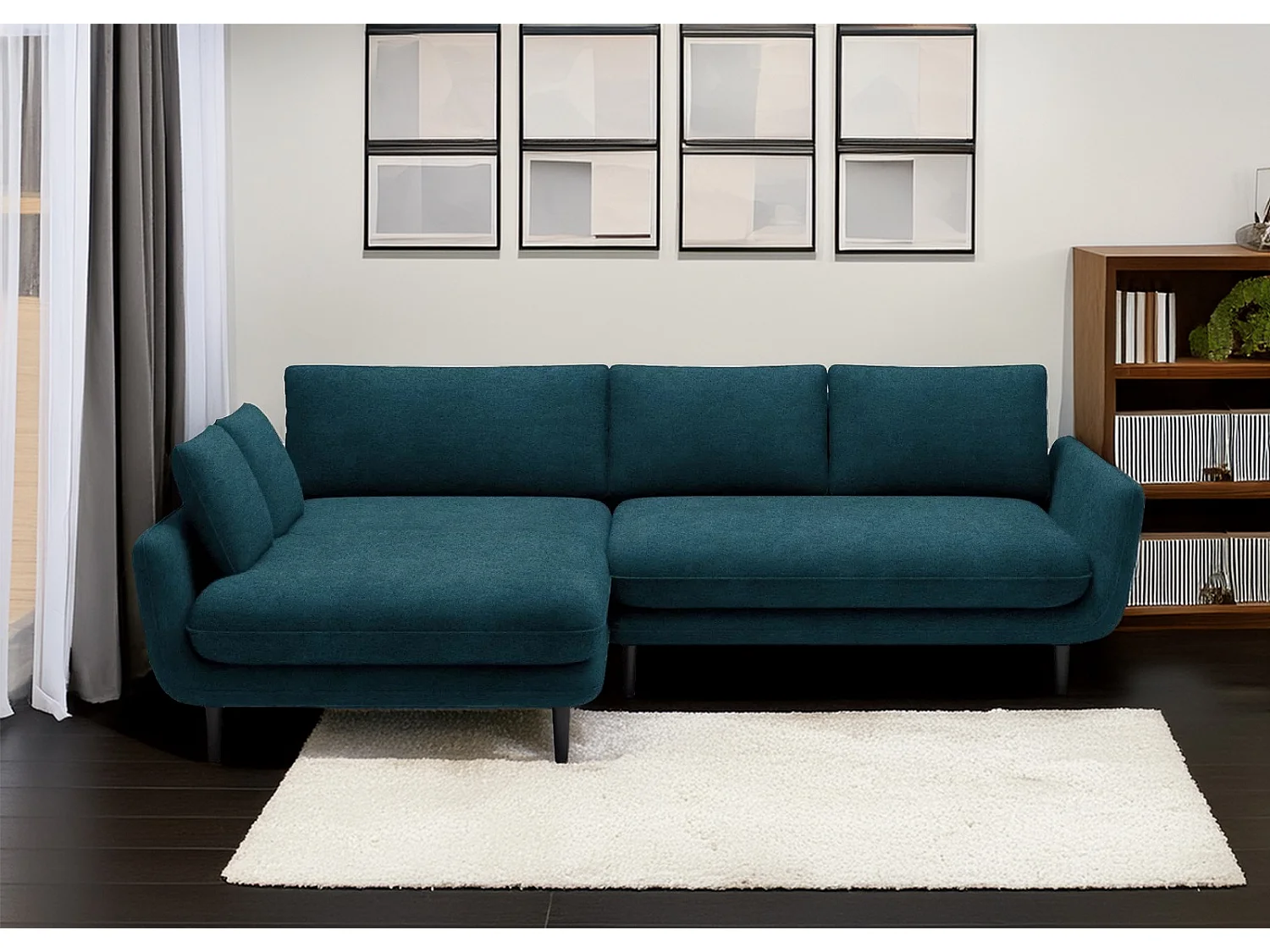 SOLANO hoekbank met bedfunctie - Elegante Scandinavische bank 260x167 cm, Houten kist en poten, Donkerblauw, Links