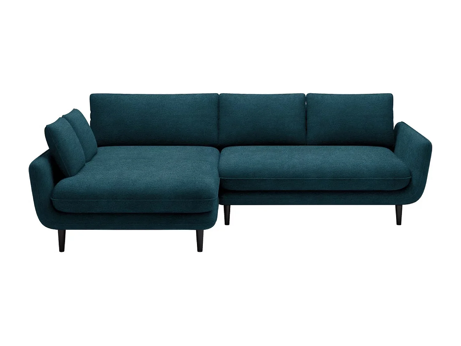 SOLANO hoekbank met bedfunctie - Elegante Scandinavische bank 260x167 cm, Houten kist en poten, Donkerblauw, Links
