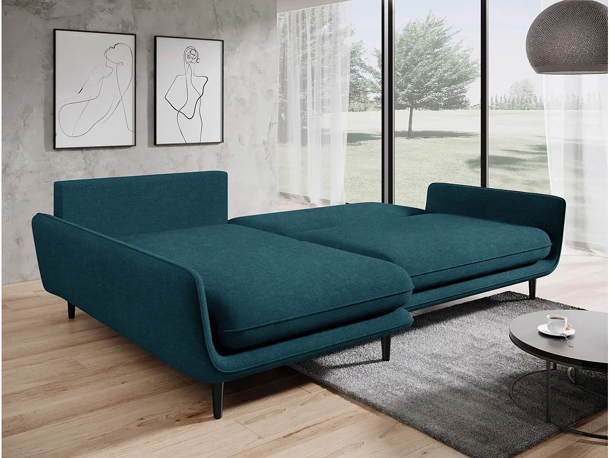 Canapé d'angle SOLANO avec fonction lit – Canapé scandinave élégant 260x167 cm, Coffre de lit et pieds en bois, Couleur bleu foncé, Gauche