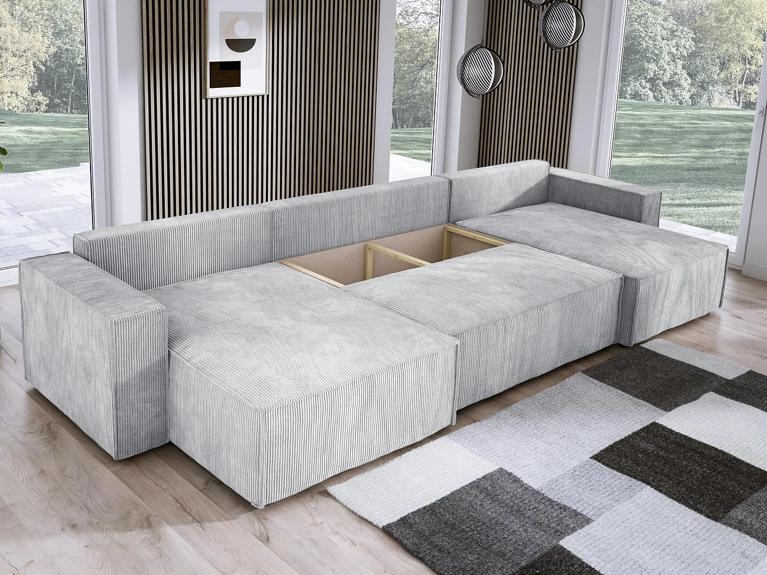 DomoHome XXL Canapé d'angle U avec lit 330x130cm, coussins doux, coffre, rembourrage haut de gamme, grey, 377x143x83cm