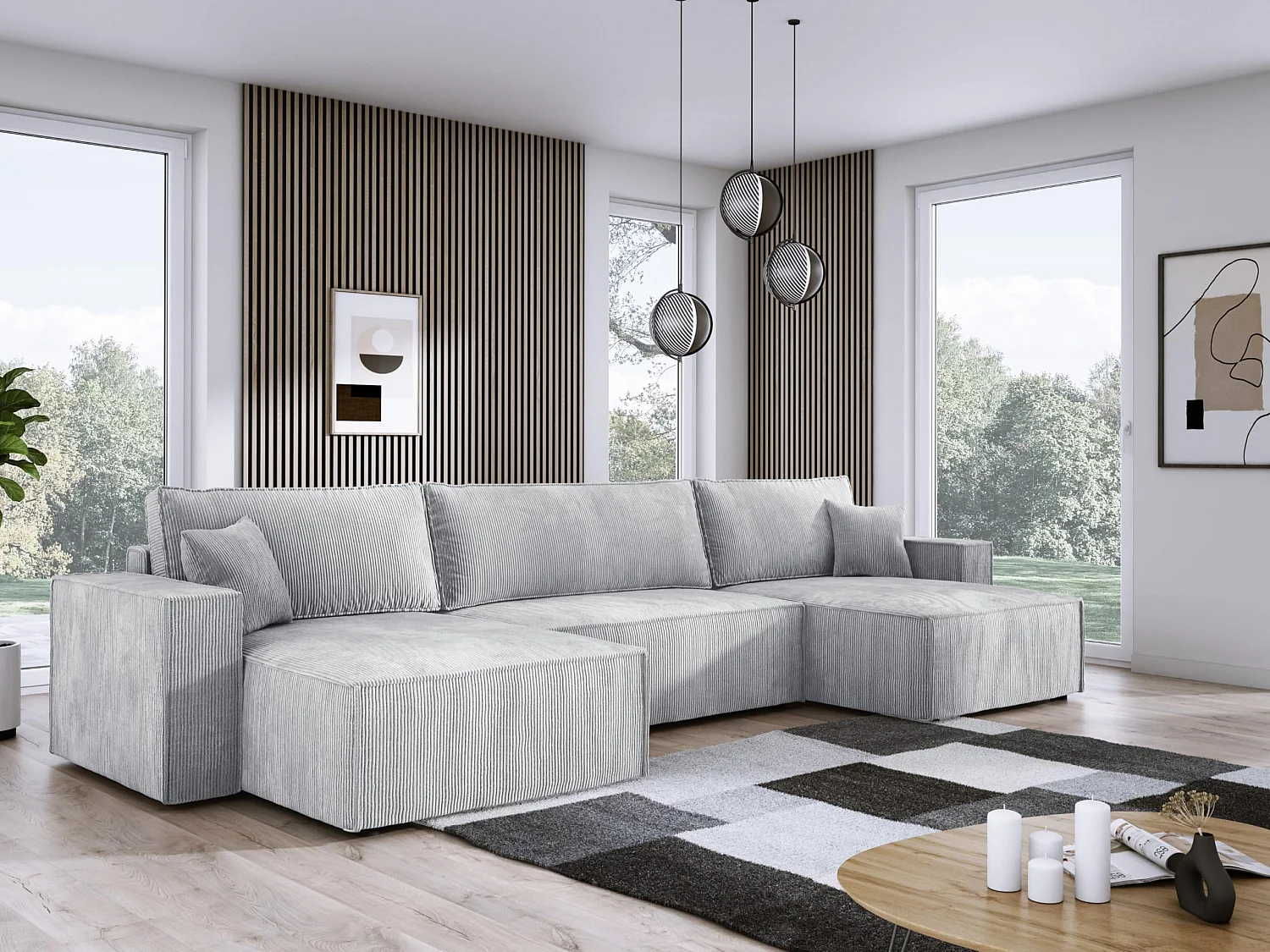 DomoHome XXL U-Ecksofa mit Bett 330x130cm, weiche Kissen, Truhe, hochwertige Polsterung, grey, 377x143x83cm