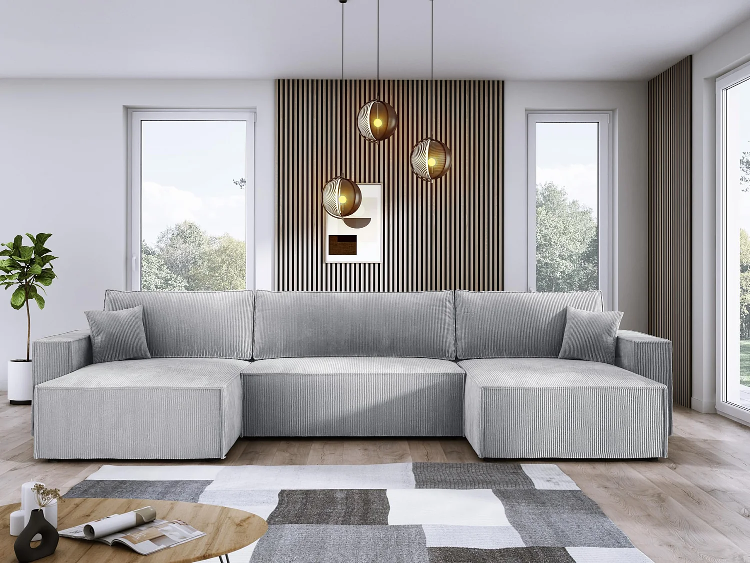 DomoHome XXL U-Ecksofa mit Bett 330x130cm, weiche Kissen, Truhe, hochwertige Polsterung, grey, 377x143x83cm