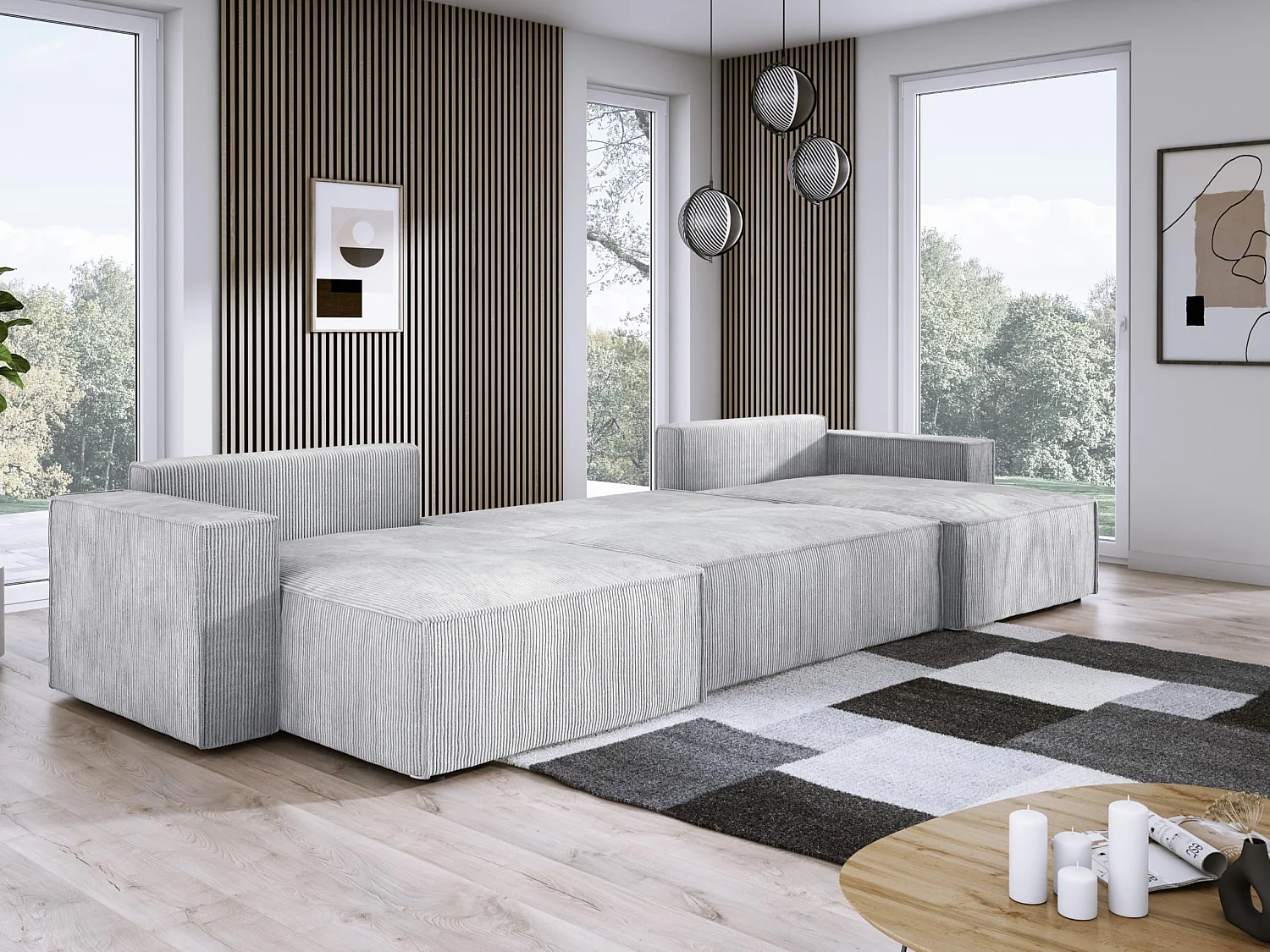 DomoHome XXL U-Ecksofa mit Bett 330x130cm, weiche Kissen, Truhe, hochwertige Polsterung, grey, 377x143x83cm