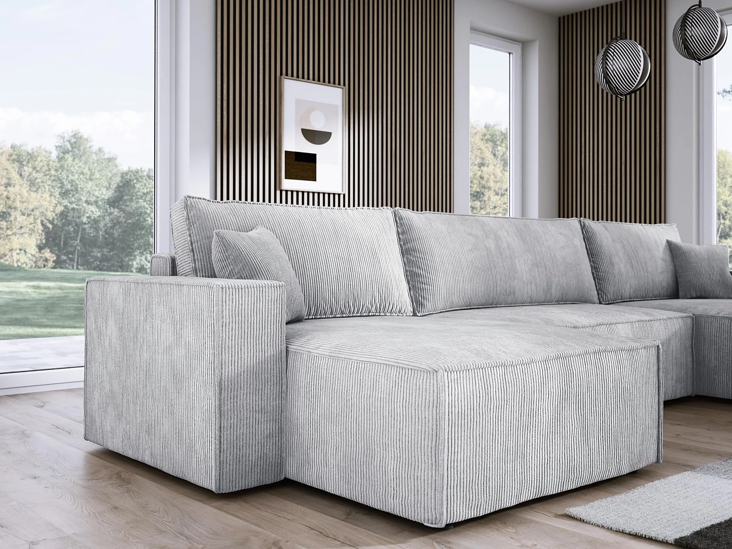 DomoHome XXL U-Ecksofa mit Bett 330x130cm, weiche Kissen, Truhe, hochwertige Polsterung, grey, 377x143x83cm