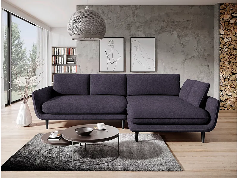 SOLANO narożnik z funkcją spania - Elegancka sofa skandynawska 260x167 cm, Drewniana skrzynia i nóżki, Kolor czarny, Prawa