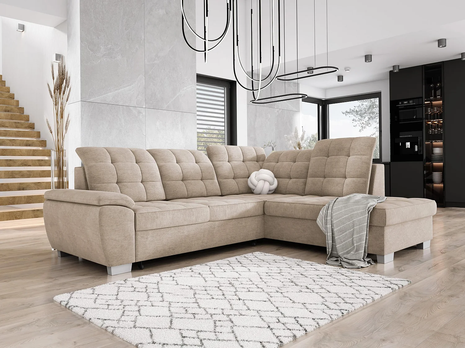 LOTTA sofa, 258x212cm, met slaapfunctie en hoogwaardige stoffering - ideaal voor kleine en grote ruimtes, rechts, BEIGE