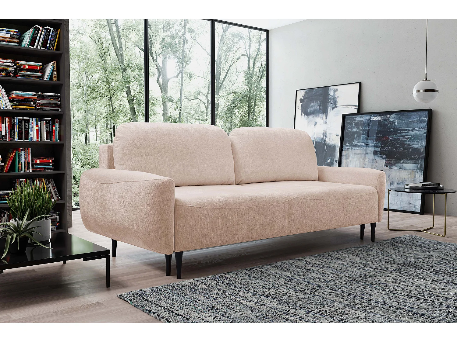 BOHO Sofa - Uitschuifbare bank met slaapoppervlak 140x200 cm, houten poten, opbergruimte, PUR-stof, 244x92x102 cm ROZE