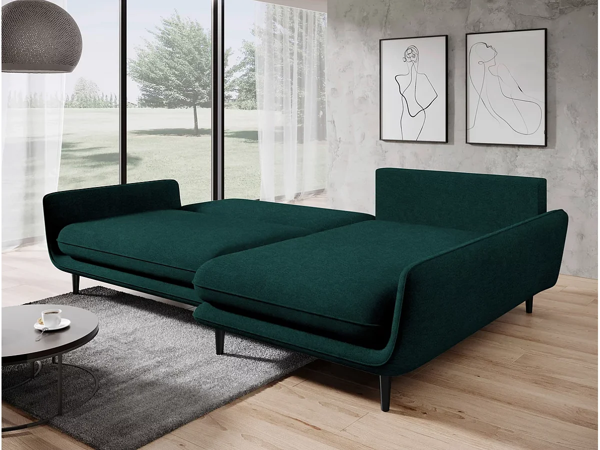 SOLANO narożnik z funkcją spania - Elegancka sofa skandynawska 260x167 cm, Drewniana skrzynia i nóżki, Kolor zielony, Prawa