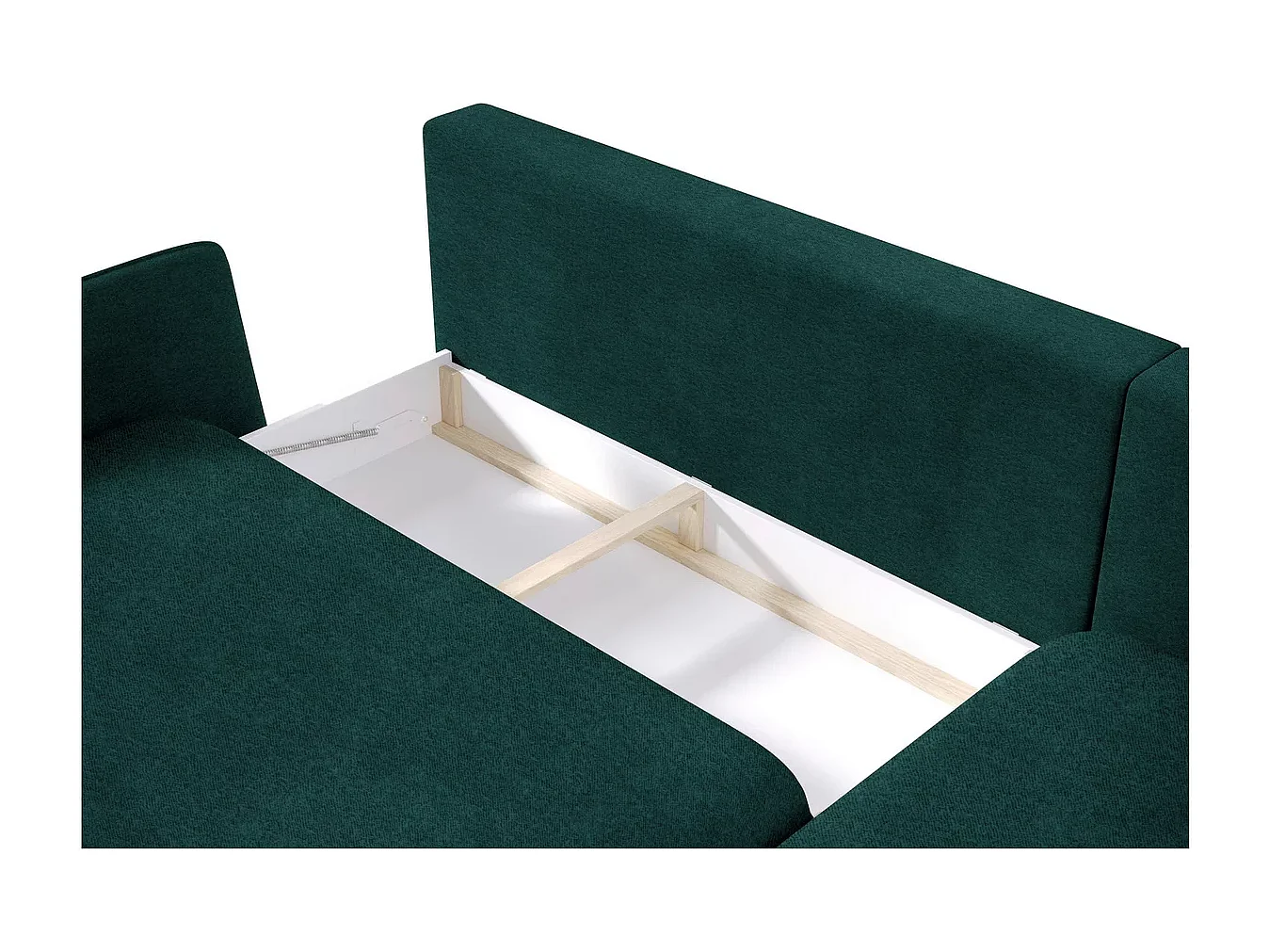 SOLANO narożnik z funkcją spania - Elegancka sofa skandynawska 260x167 cm, Drewniana skrzynia i nóżki, Kolor zielony, Prawa