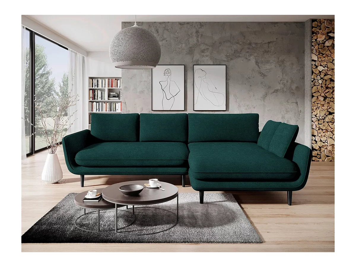 Canapé d'angle SOLANO avec fonction lit – Canapé scandinave élégant 260x167 cm, Coffre de lit et pieds en bois, Couleur verte, Droit