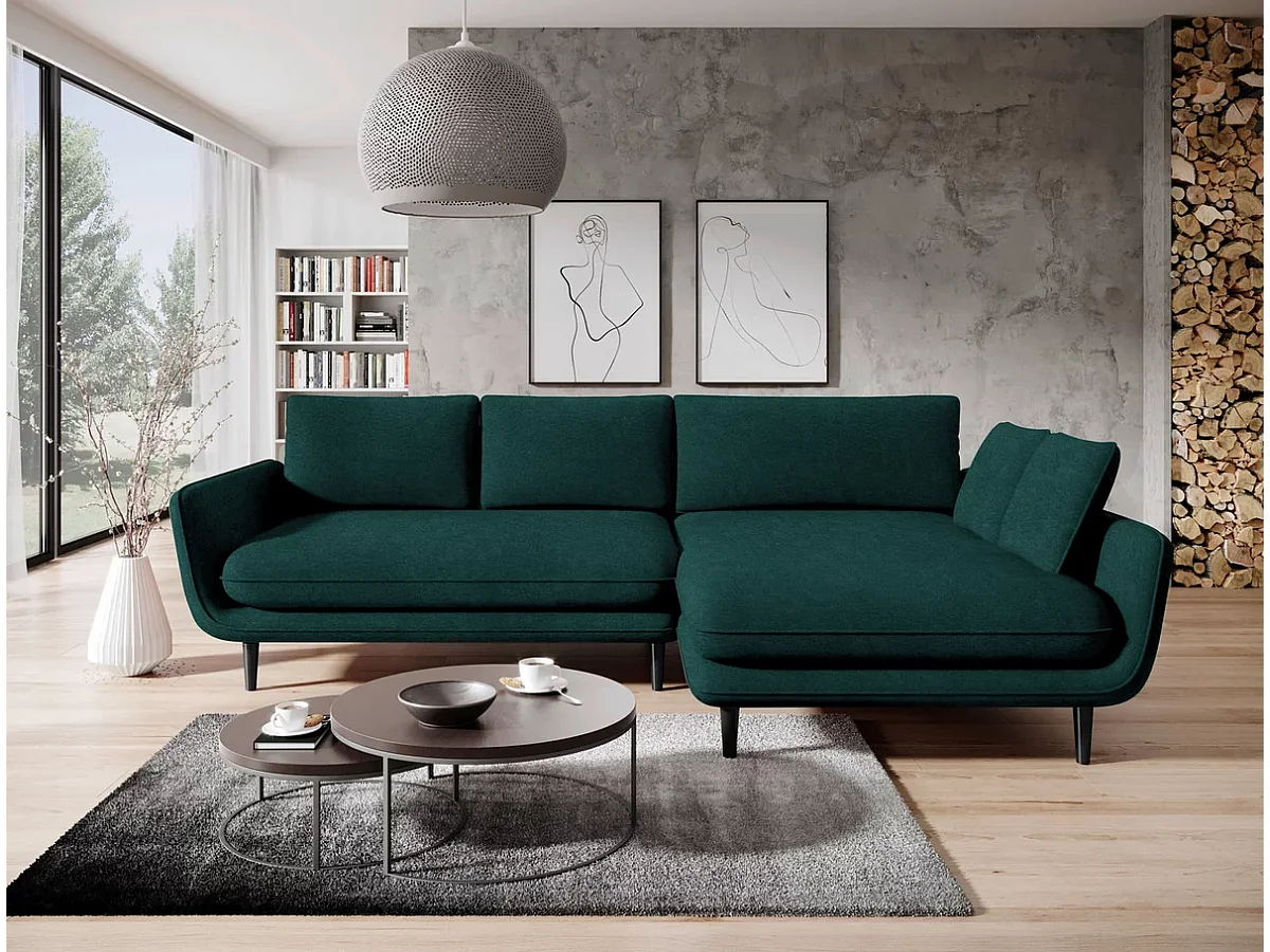 Canapé d'angle SOLANO avec fonction lit – Canapé scandinave élégant 260x167 cm, Coffre de lit et pieds en bois, Couleur verte, Droit