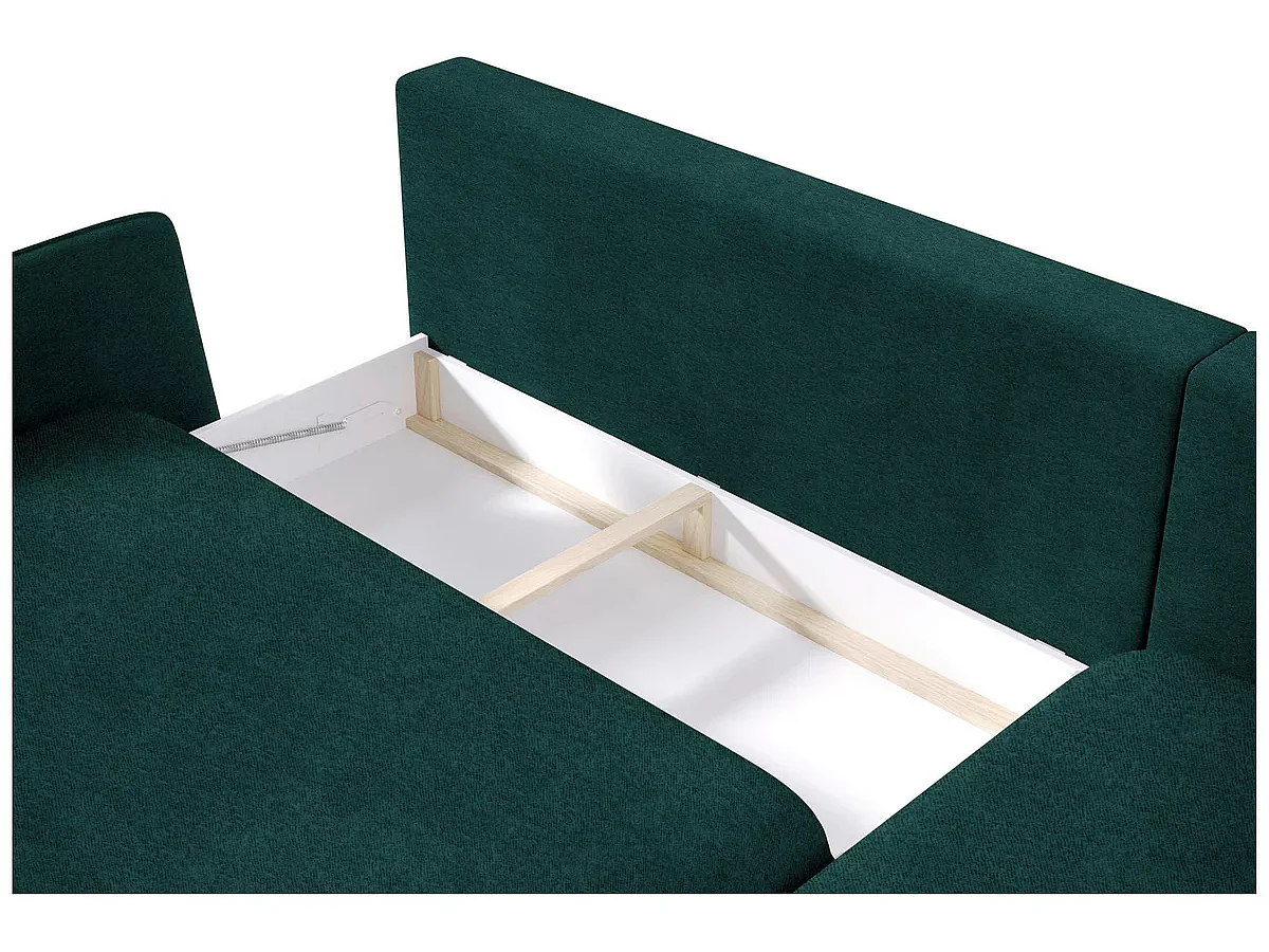 Canapé d'angle SOLANO avec fonction lit – Canapé scandinave élégant 260x167 cm, Coffre de lit et pieds en bois, Couleur verte, Droit