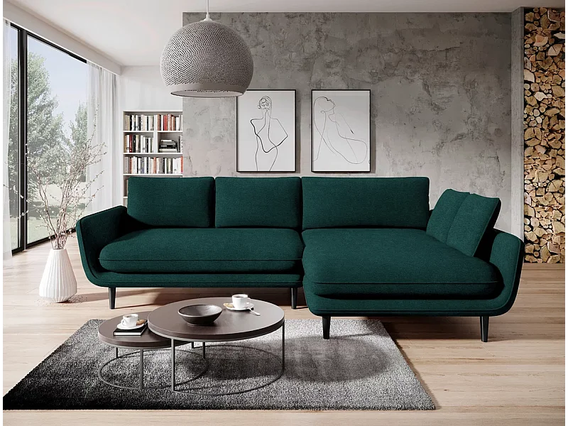 Ecksofa SOLANO mit Bettfunktion - Elegantes skandinavisches Sofa 260x167 cm, Bettkasten und Füße aus Holz, Farbe grün, Rechts