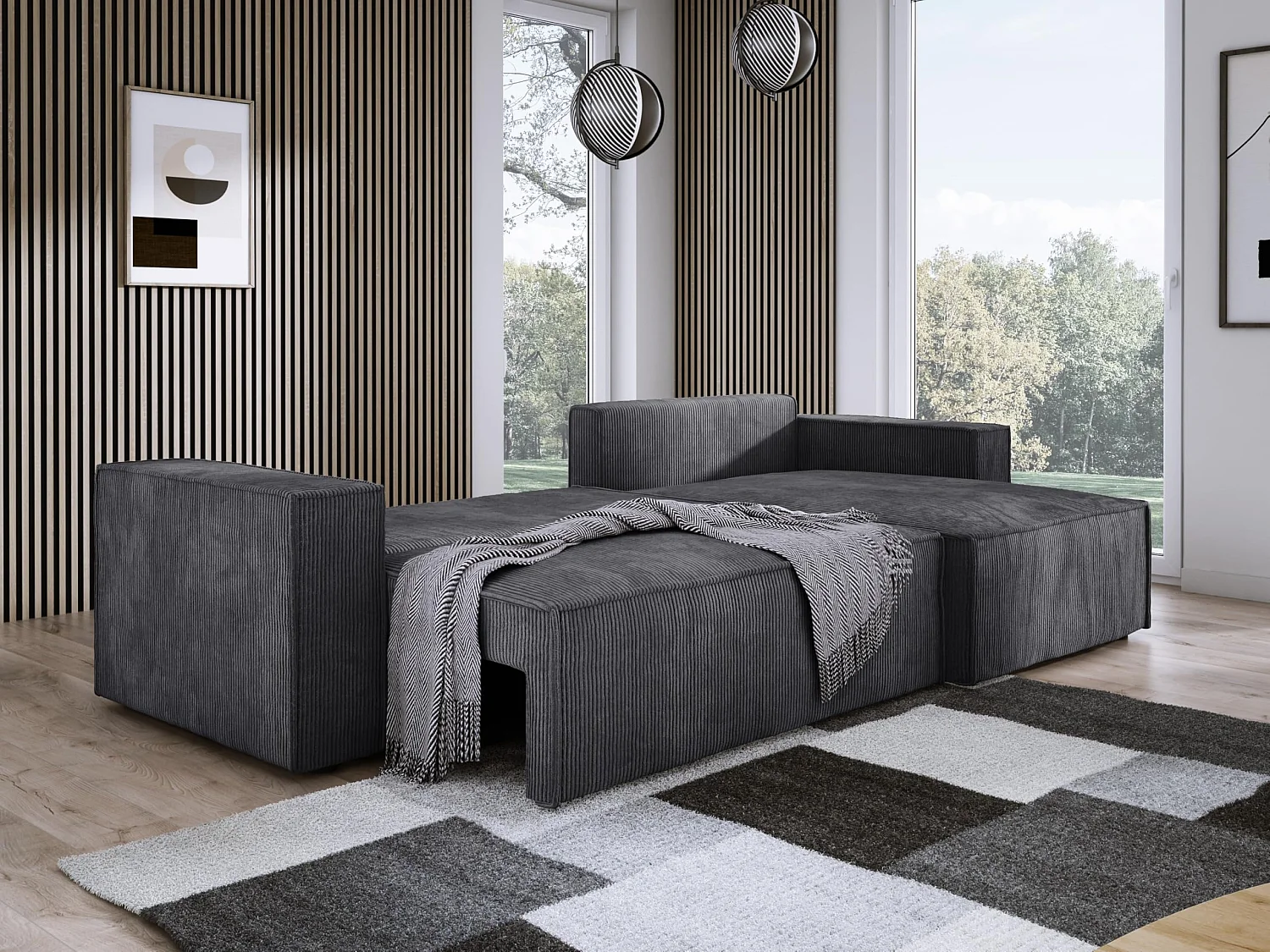 Canapé d'angle POSO XL convertible avec coffre – L-Forme, tissu côtelé, ressorts ondulés, gris graphite, 274x143x83 cm