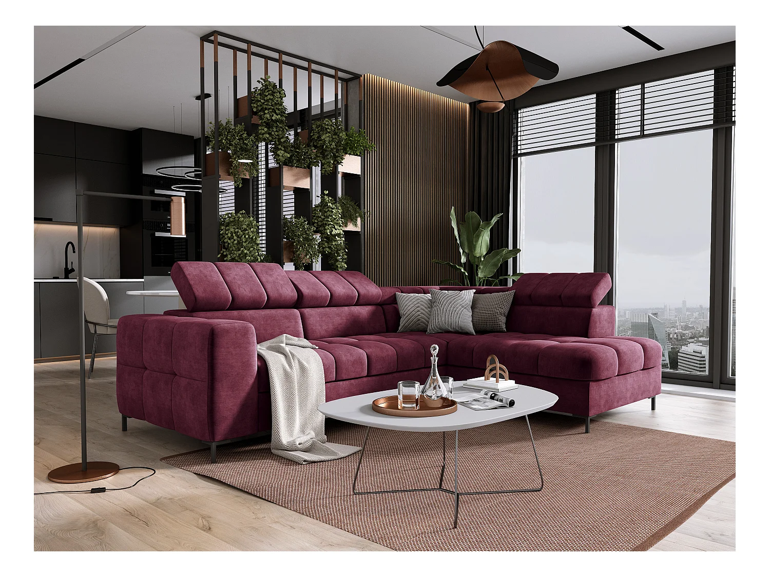 Canapé d'Angle PABLOS avec Têtière Réglable 279x201cm | Couchage & Rangement, Rouge Foncé Cloud, Droit