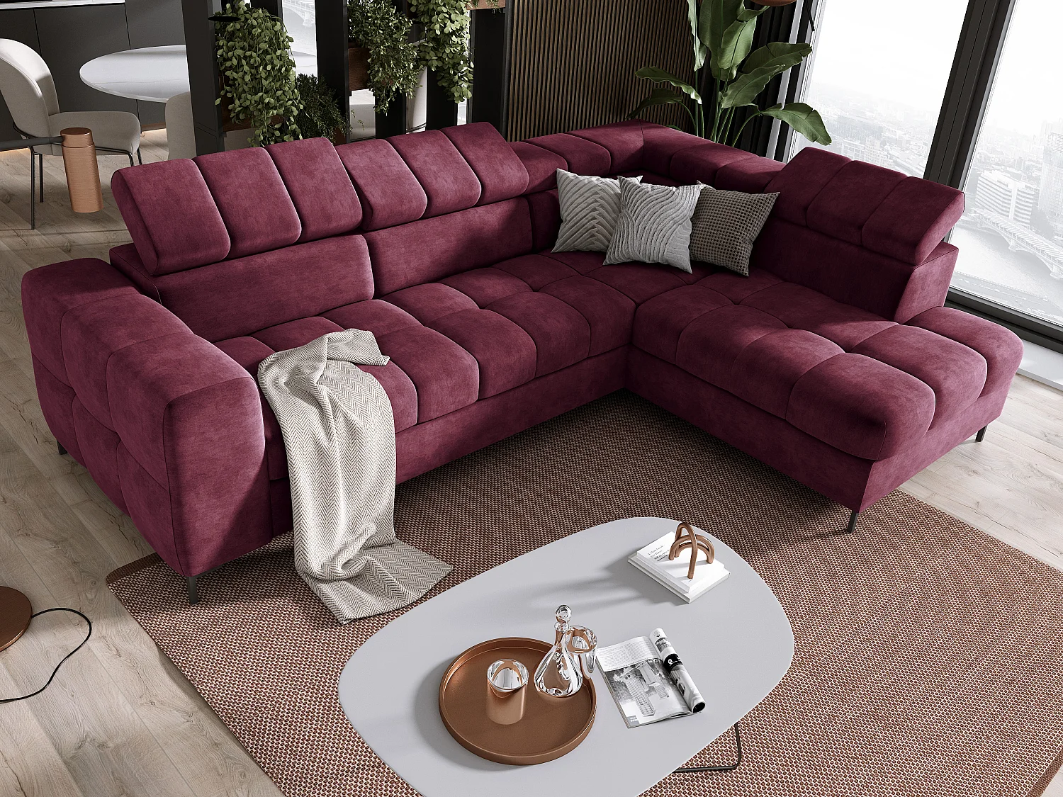 Sofa PABLOS met verstelbare hoofdsteun 279x201cm | Slapen & Opbergen, Donkerrode Wolk, Rechts