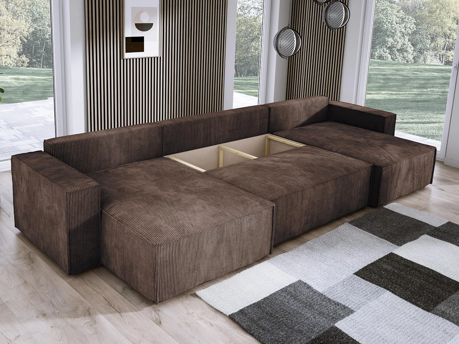 DomoHome XXL Canapé d'angle U avec lit 330x130cm, coussins doux, coffre, rembourrage haut de gamme, bronze, 377x143x83cm