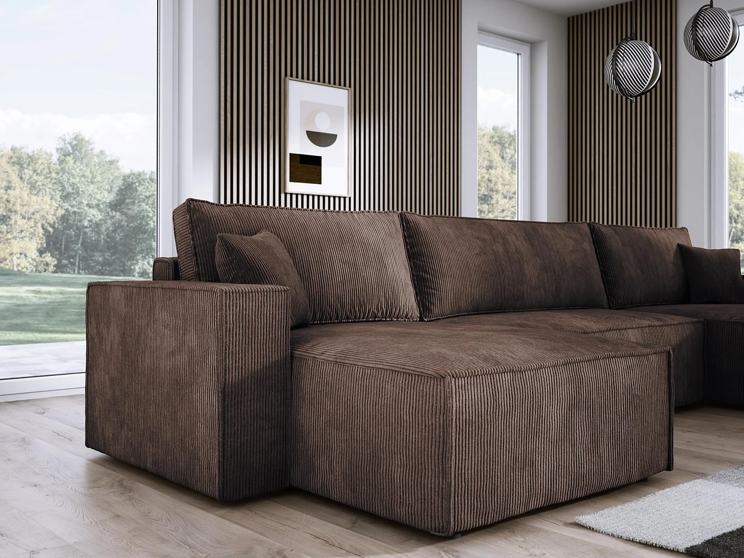 DomoHome XXL Canapé d'angle U avec lit 330x130cm, coussins doux, coffre, rembourrage haut de gamme, bronze, 377x143x83cm