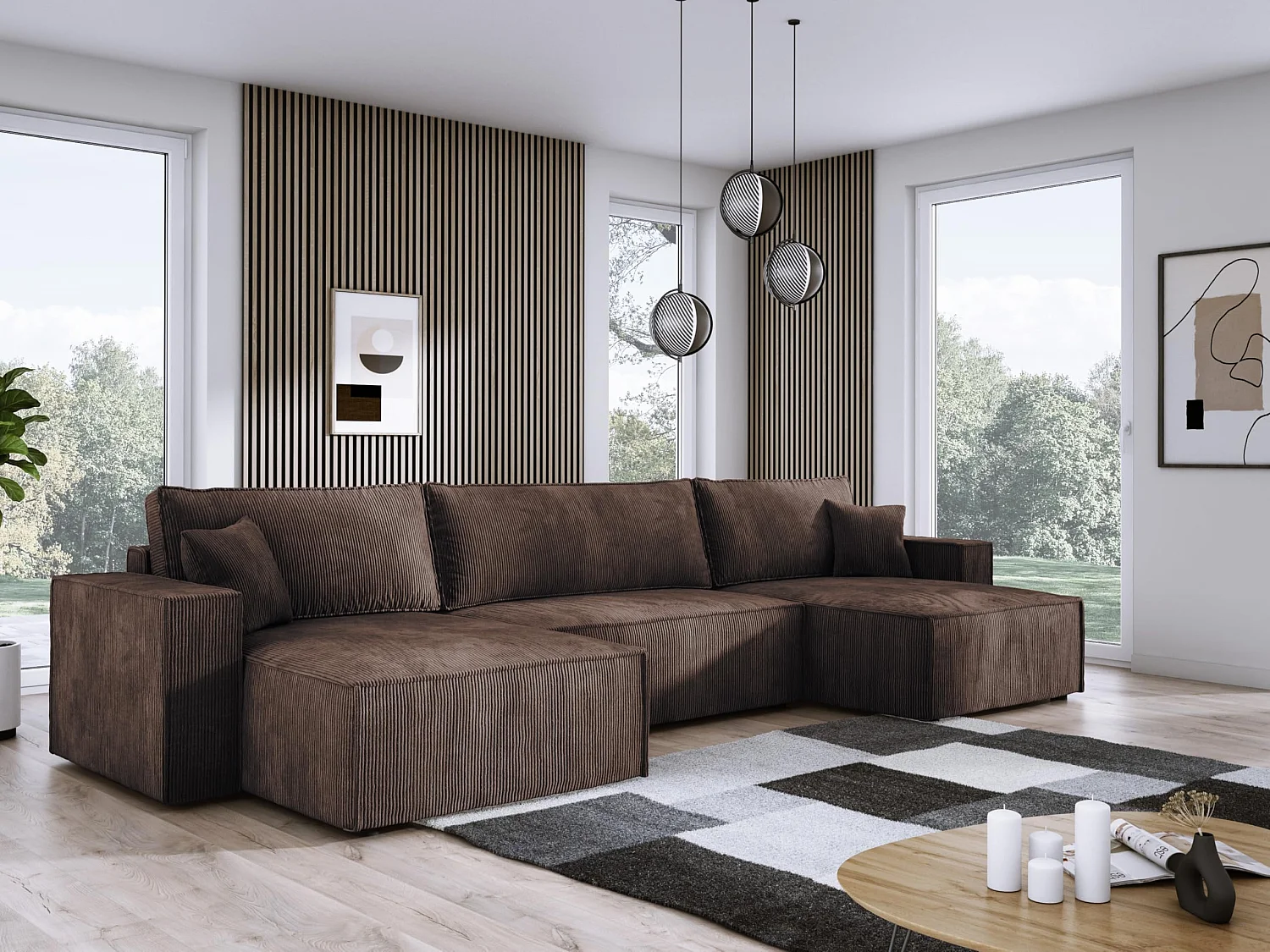 DomoHome XXL Canapé d'angle U avec lit 330x130cm, coussins doux, coffre, rembourrage haut de gamme, bronze, 377x143x83cm