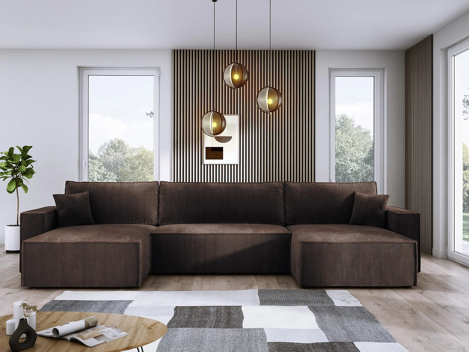 DomoHome XXL Canapé d'angle U avec lit 330x130cm, coussins doux, coffre, rembourrage haut de gamme, bronze, 377x143x83cm