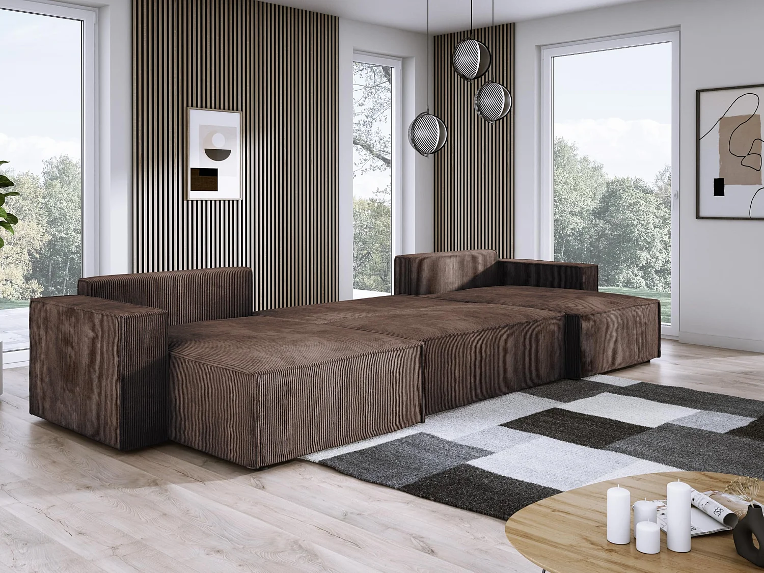 DomoHome XXL U-Ecksofa mit Bett 330x130cm, weiche Kissen, Truhe, hochwertige Polsterung, bronze, 377x143x83cm