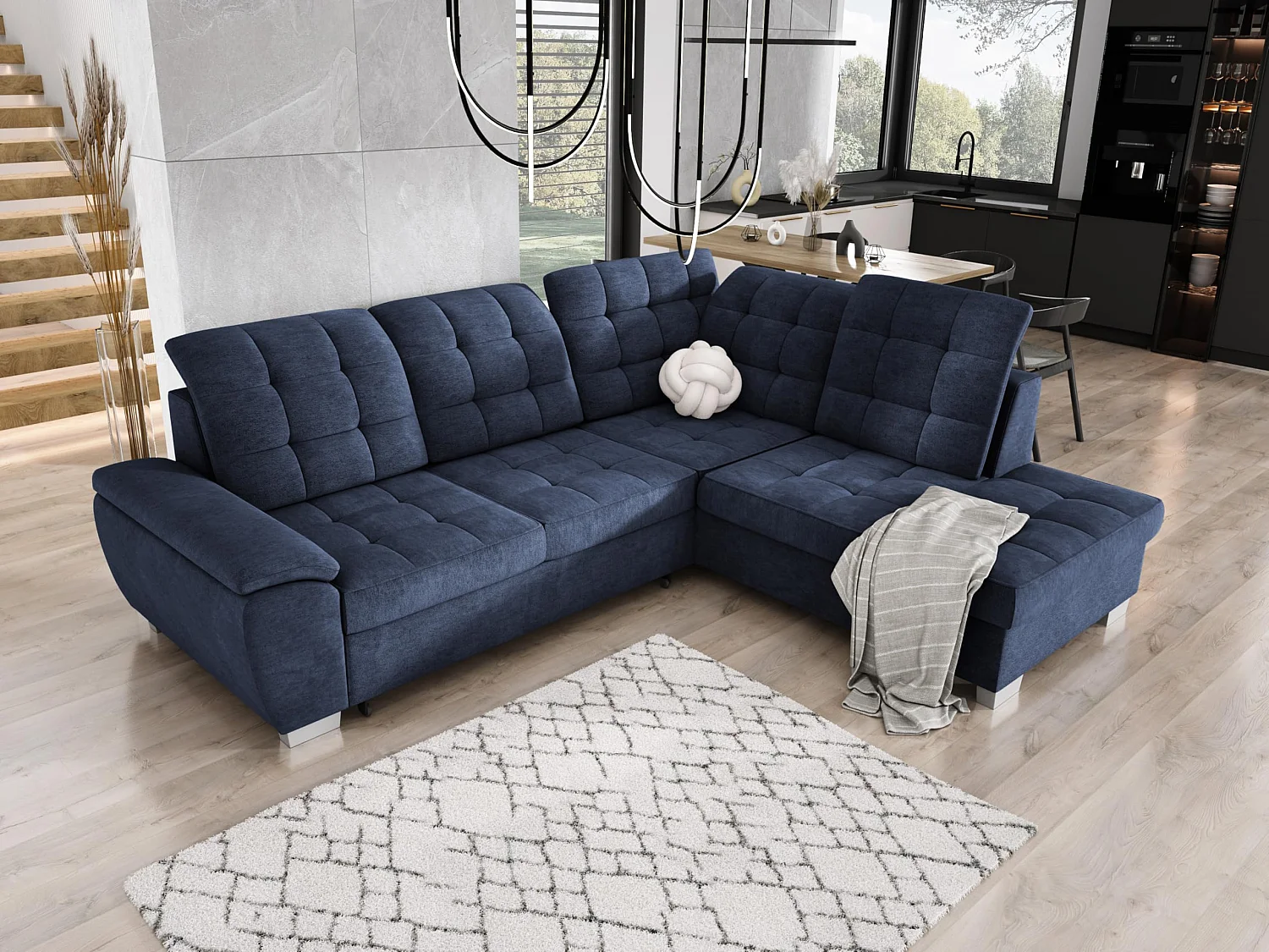 LOTTA Schlafsofa aus pflegeleichtem Samt, 258x212cm - ideal für Familien, mit praktischem Stauraum, rechts, BLAU.
