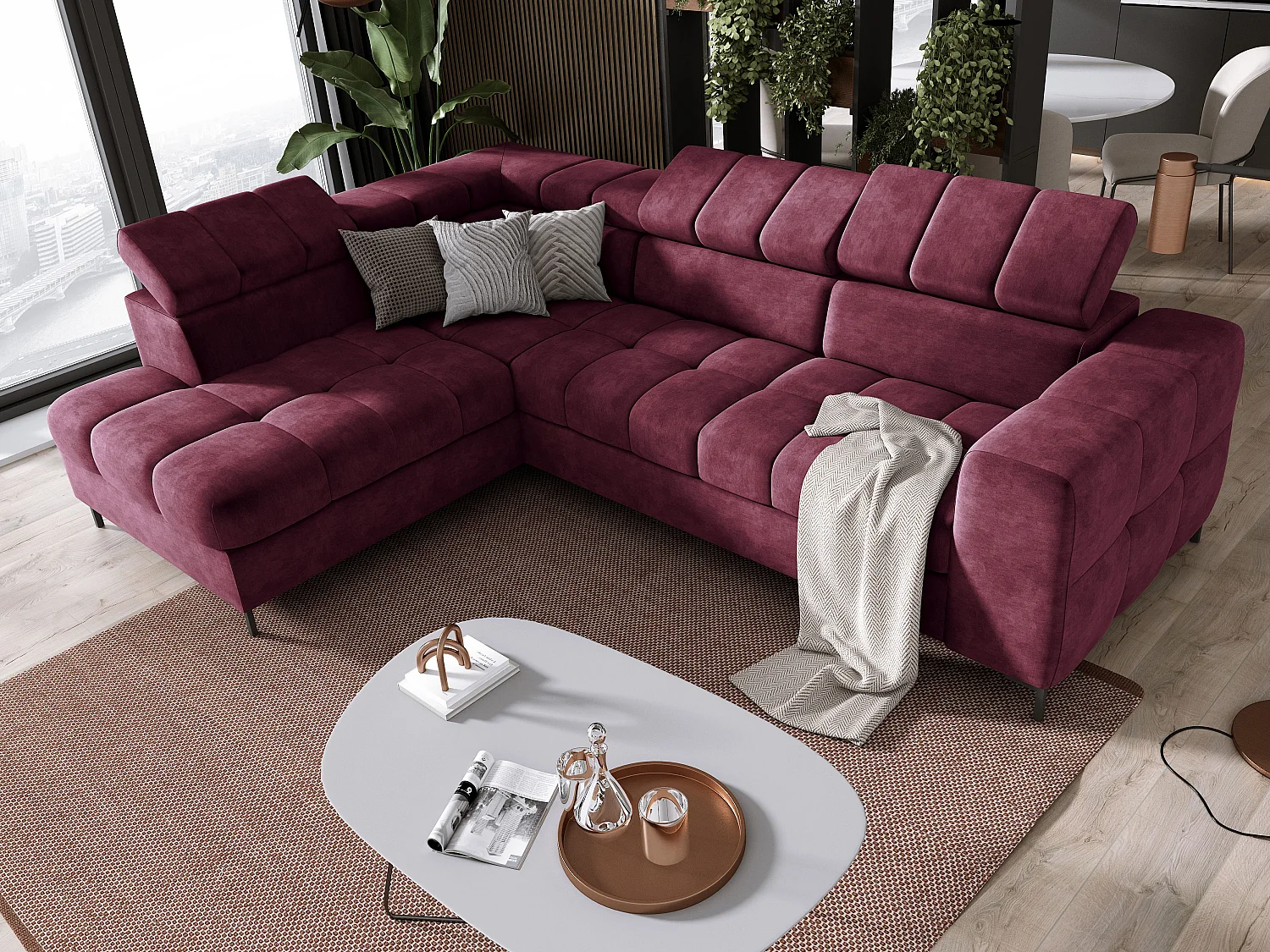 Hoekbank PABLO 279x201 cm, bedfunctie, commode, verstelbare hoofdsteunen, zachte CLOUD stof, metalen poten, linker opstelling, bruin