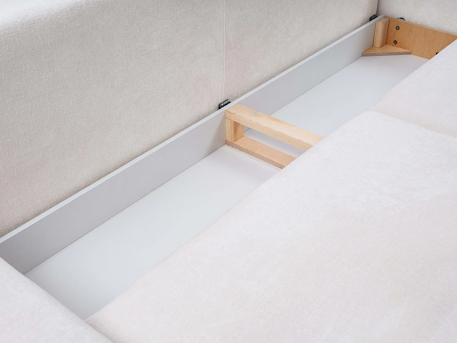 BOHO Sofa - Uitschuifbare bank met slaapoppervlak 140x200 cm, houten poten, opbergruimte, PUR-stof, 244x92x102 cm CRÈME