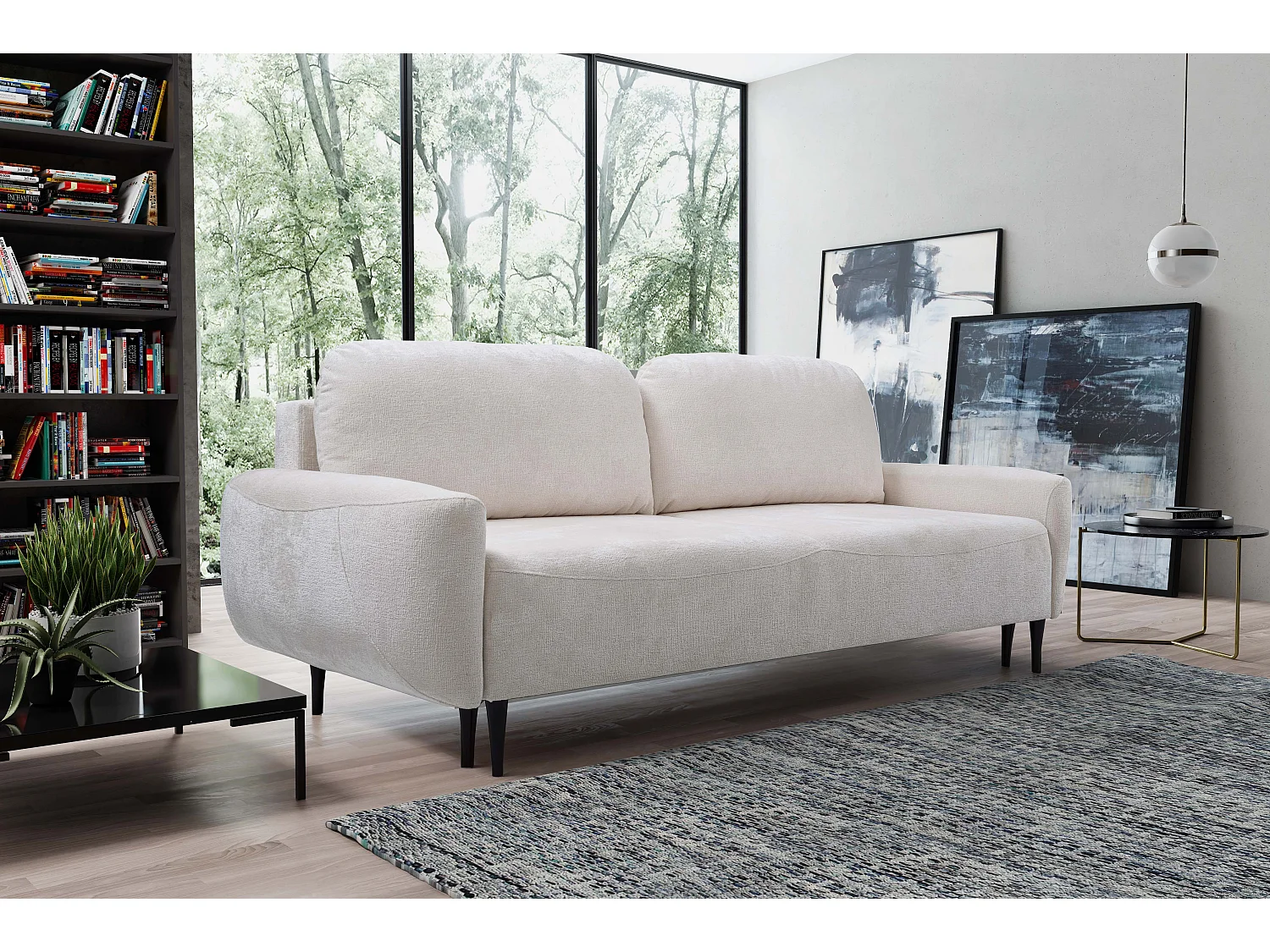 BOHO Sofa - Uitschuifbare bank met slaapoppervlak 140x200 cm, houten poten, opbergruimte, PUR-stof, 244x92x102 cm CRÈME
