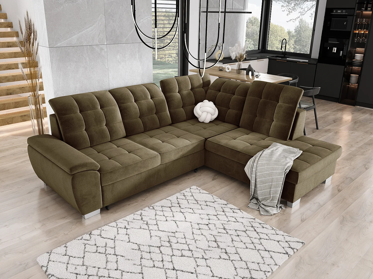 LOTTA Ecksofa mit SALVADOR-Stoff, familienfreundlich, praktischer Bettkasten, hochwertige Verarbeitung, 258x212 cm, rechte Ecke, GRÜN