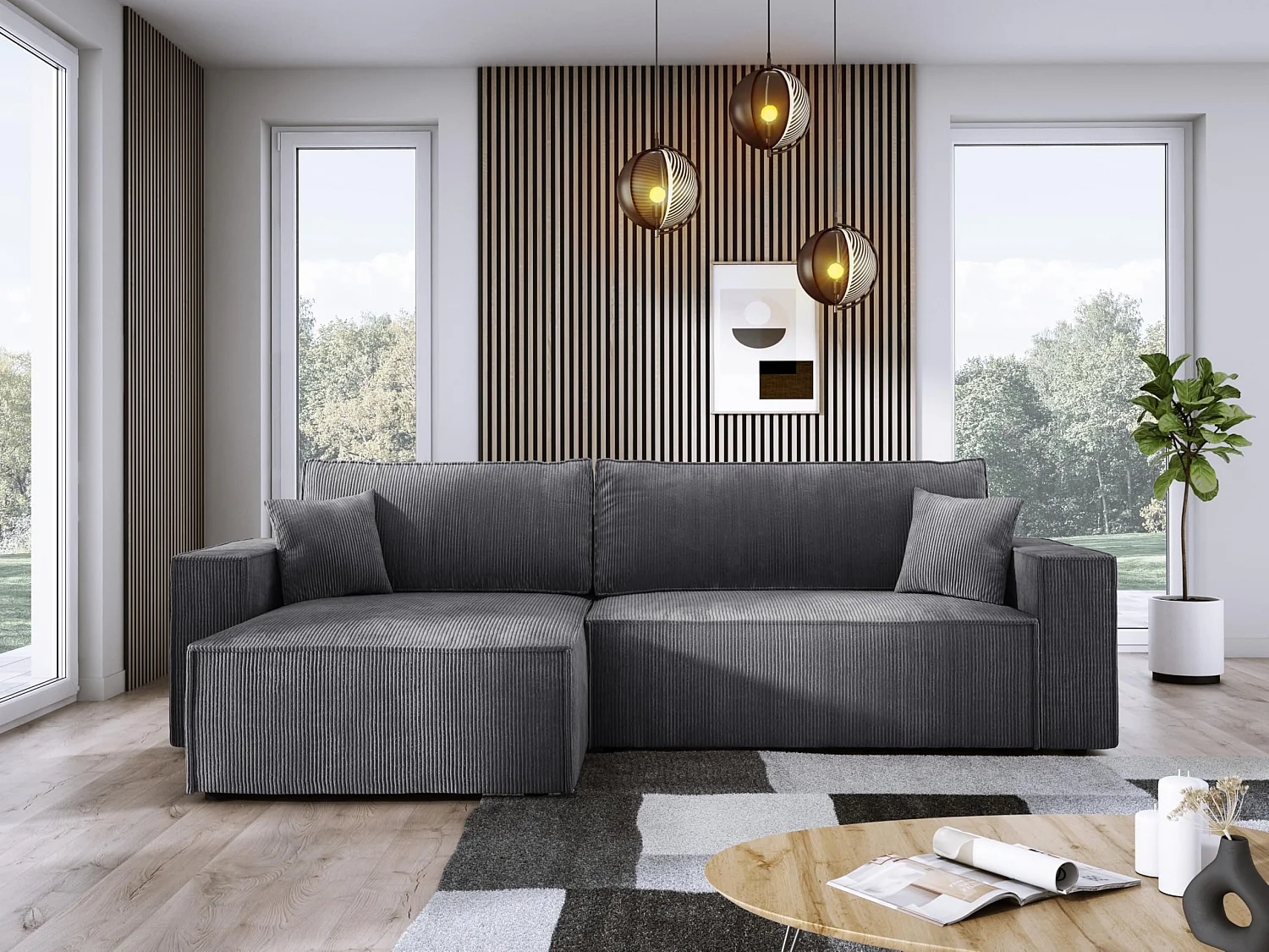 POSO XL Canapé d'angle convertible avec coffre – spacieux, tissu côtelé résistant, ressorts ondulés, gris, 274x143x83 cm