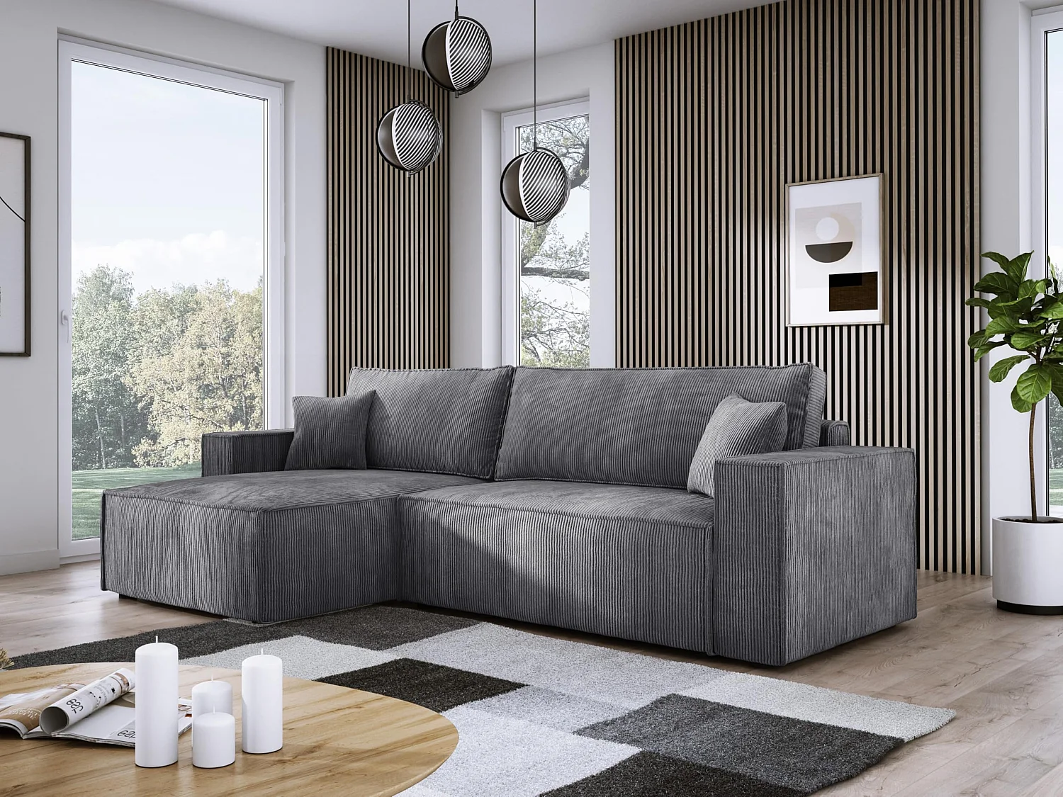 POSO XL Canapé d'angle convertible avec coffre – spacieux, tissu côtelé résistant, ressorts ondulés, gris, 274x143x83 cm