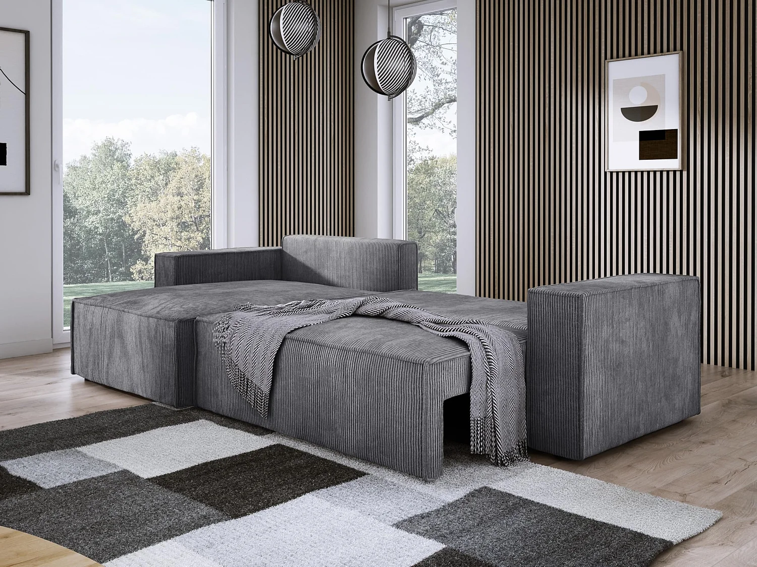 POSO XL Canapé d'angle convertible avec coffre – spacieux, tissu côtelé résistant, ressorts ondulés, gris, 274x143x83 cm