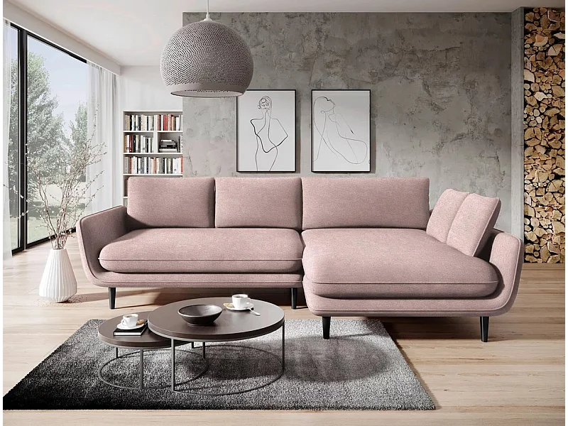 Ecksofa SOLANO mit Bettfunktion - Elegantes skandinavisches Sofa 260x167 cm, Bettkasten und Füße aus Holz, Farbe Rosa, Rechts