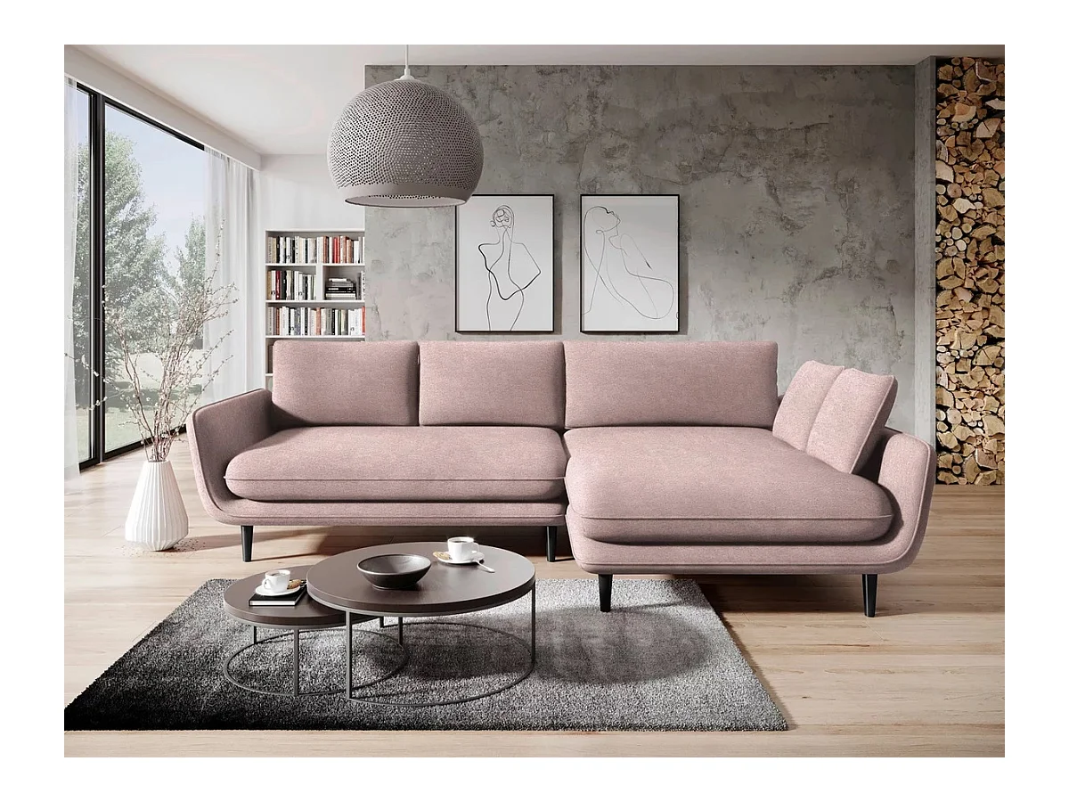 Canapé d'angle SOLANO avec fonction lit – Canapé scandinave élégant 260x167 cm, Coffre de lit et pieds en bois, Couleur rose, Droit