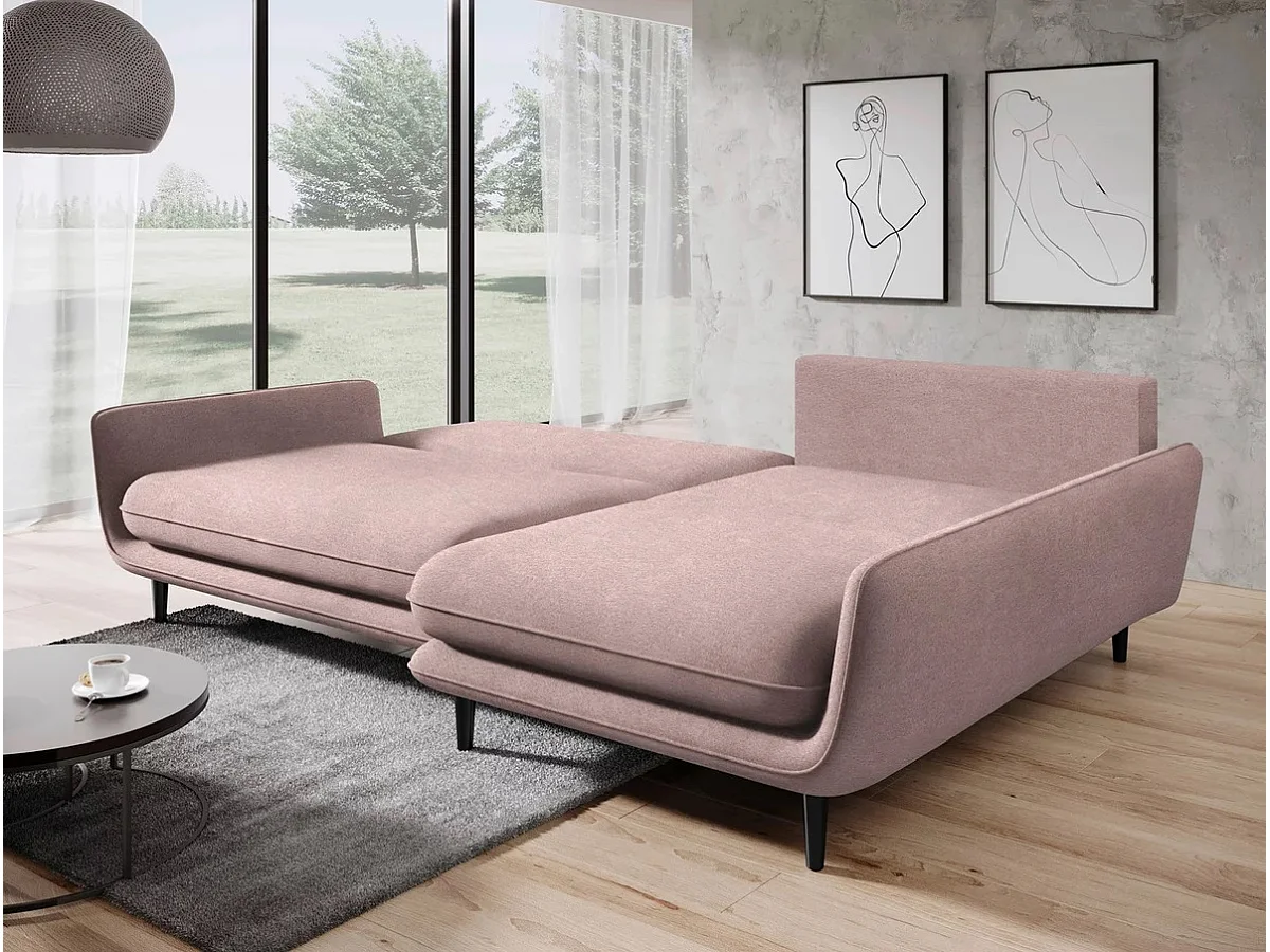 SOLANO hoekbank met bedfunctie - Elegante Scandinavische bank 260x167 cm, Houten ladekast en poten, Roze, Rechts