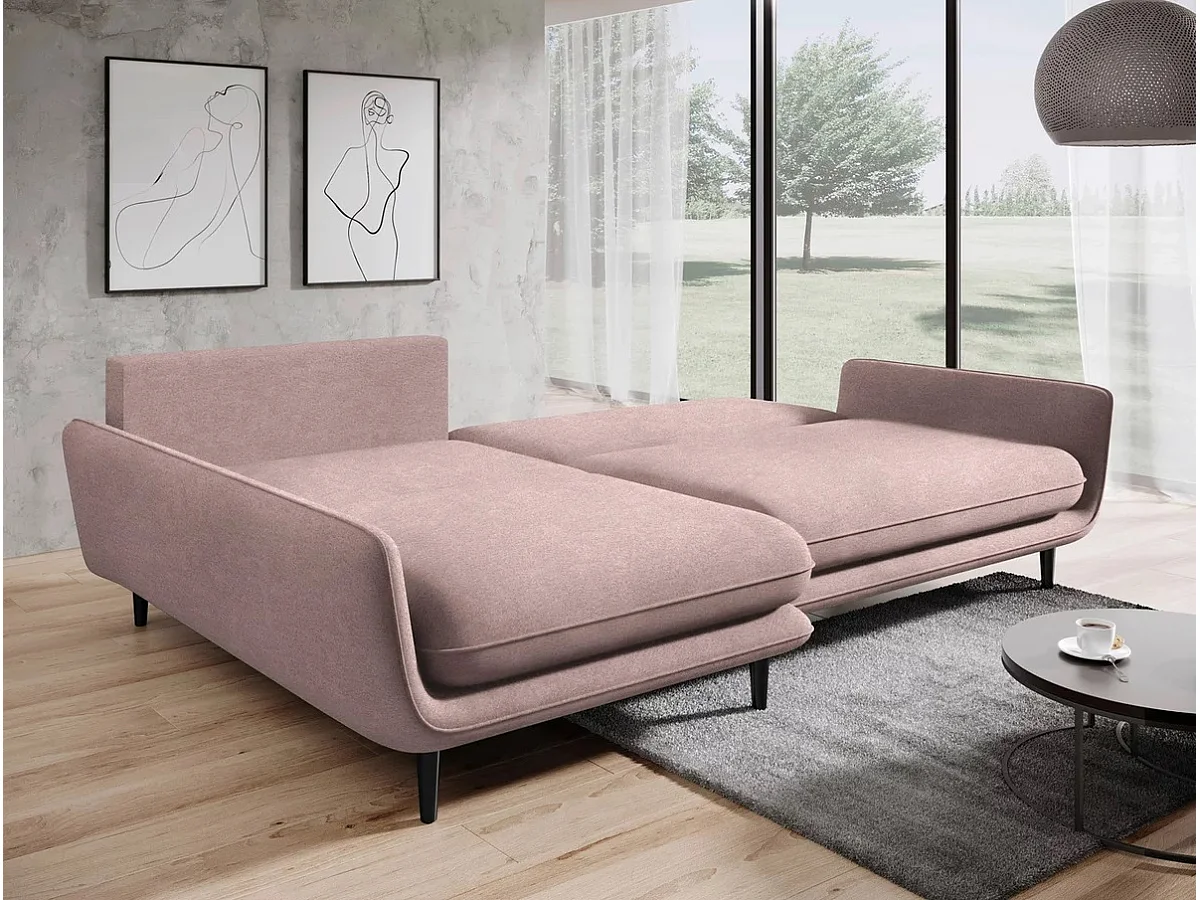SOLANO hoekbank met bedfunctie - Elegante Scandinavische bank 260x167 cm, Houten ladekast en poten, Roze, Rechts