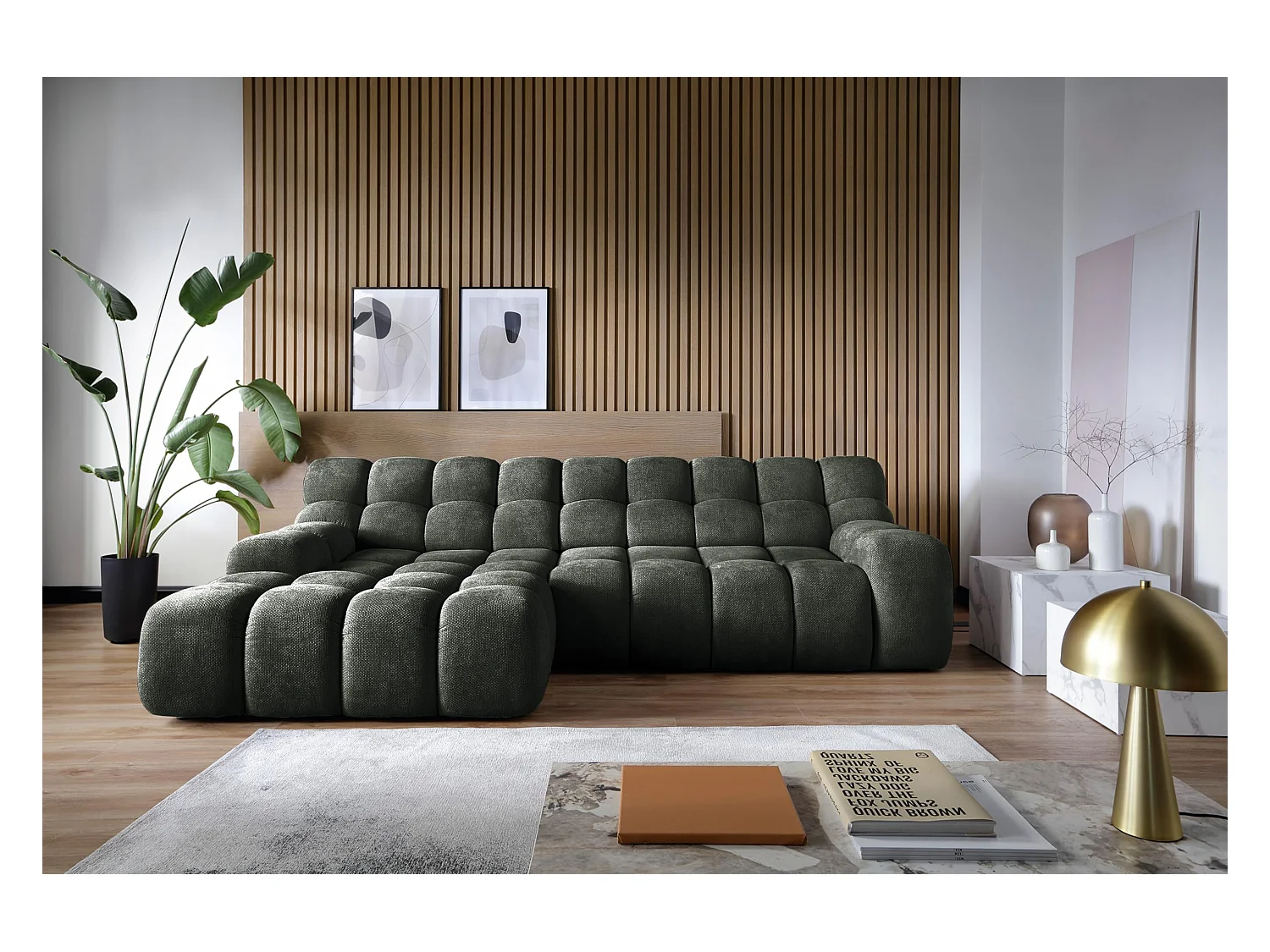 Canapé d'angle CAMPILE DomoHome, assise électrique réglable, appuie-têtes ajustables, angle gauche, 288x119x85 cm, VERT