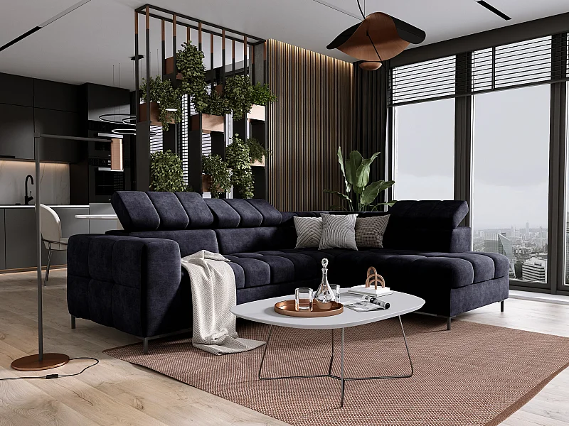 Ecksofa PABLO 279x201 cm, Bettkasten, Schlaffunktion, verstellbare Kopfstützen, Metallfüße, Stoff CLOUD, gerade Anordnung, schwarz